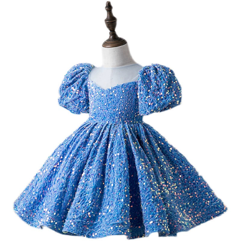 Royal Blue Princess Round Tea-Length Sequined Flower Girl Dress for Weddings & Special Occasions - Perfect for Bridal Parties & Formal Events