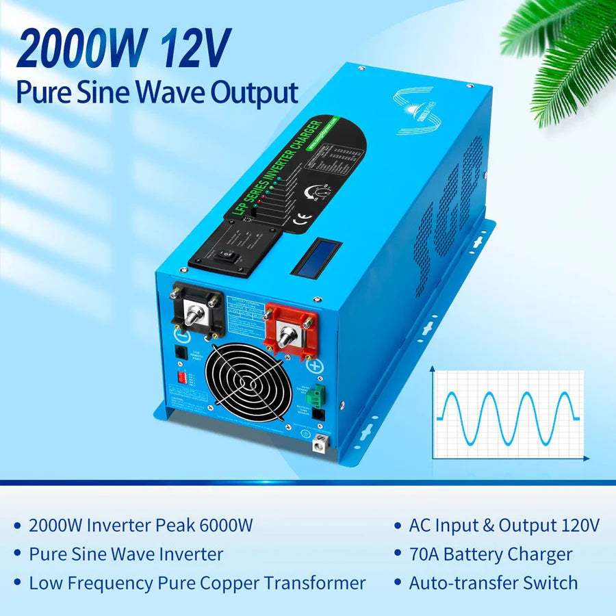 2000W 12V Pure Sine Wave Power Inverter with Built-in Charger - Perfect for RVs, Boats, Camping & Off-Grid Power Supply