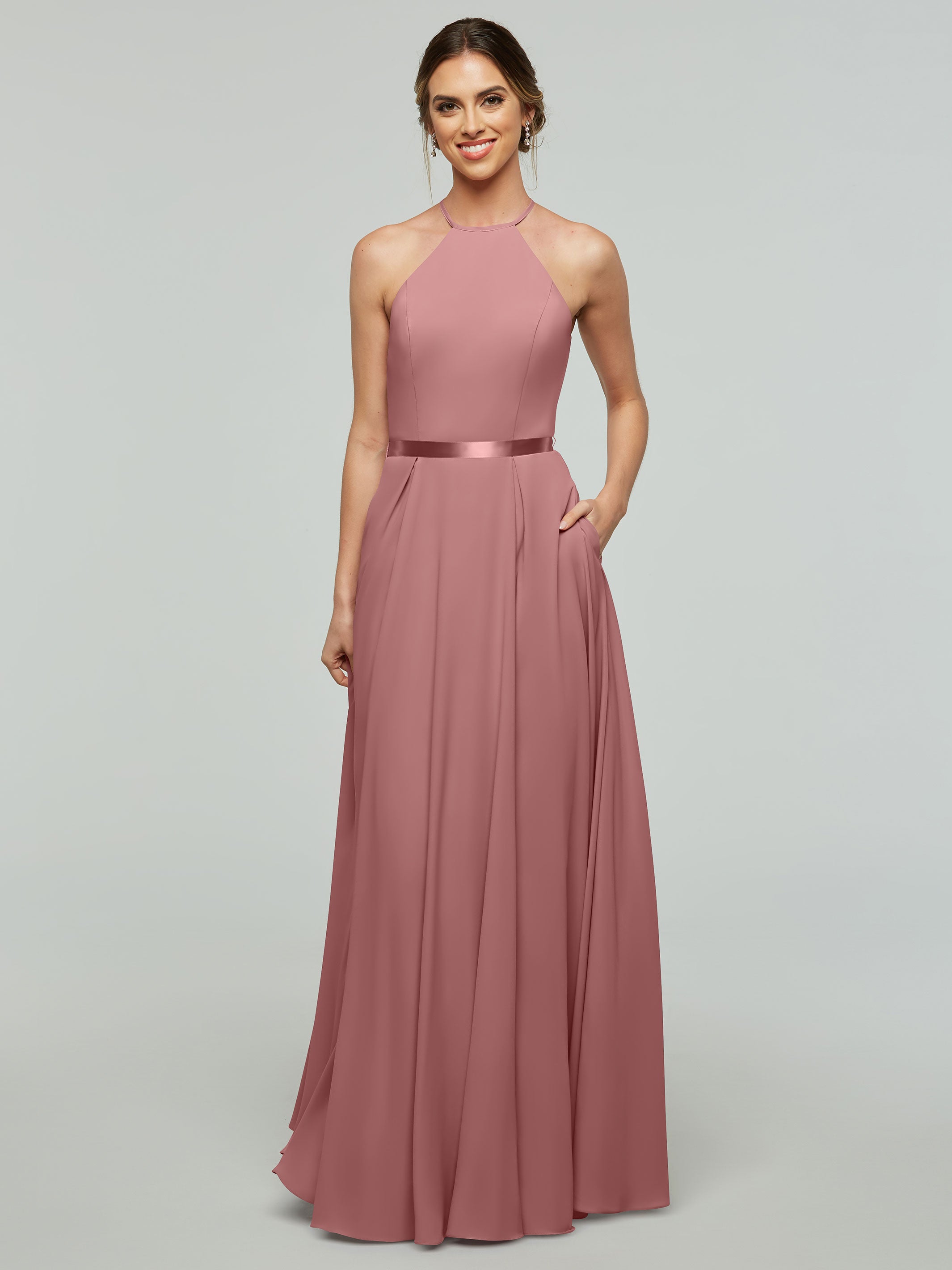 Elegant A-Line Stretch Chiffon Bridesmaid Dress with Halter Neckline & Waist Belt - Perfect for Weddings, Formal Events & Special Occasions