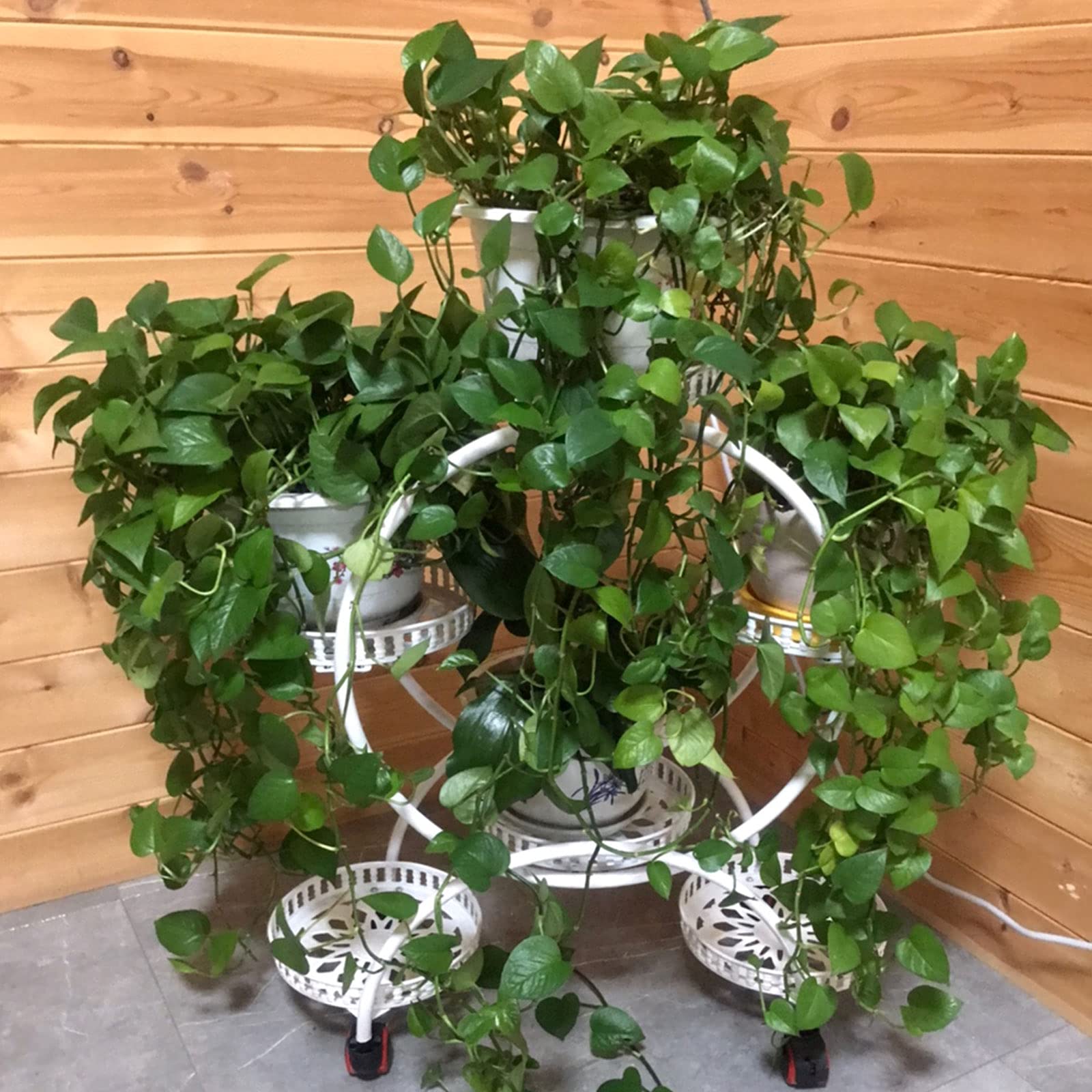 White Metal Plant Stand with Wheels for 6 Pots - Steel Frame Indoor Plant Shelf & Planter Display Unit for Multiple Plants - Perfect for Home Decor, Living Room, Balcony & Garden Plant Organization