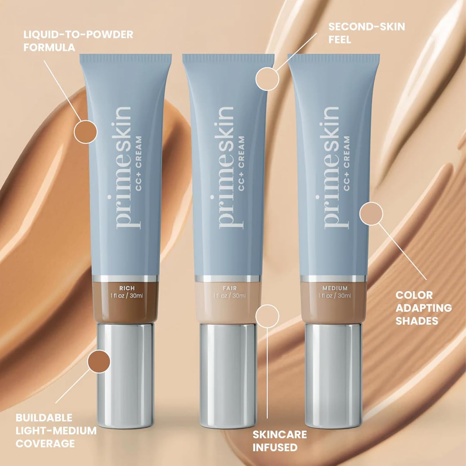 PrimeSkin CC Cream Foundation - 1.8 Fl Oz/30ml, Lightweight Liquid Makeup with SPF, Natural Coverage for Women (Shade 02) | Perfect for Daily Wear, Office & Special Occasions