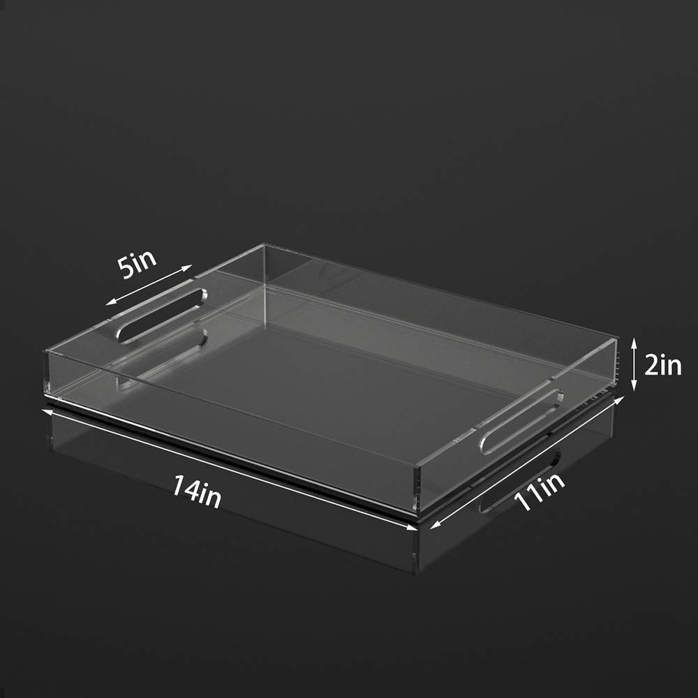 NIUBEE 11x14 Inches Clear Acrylic Serving Tray - Spill Proof Decorative Organizer with Handles for Coffee Table, Ottoman & Countertop - Perfect for Entertaining, Bathroom Storage & Office Organization