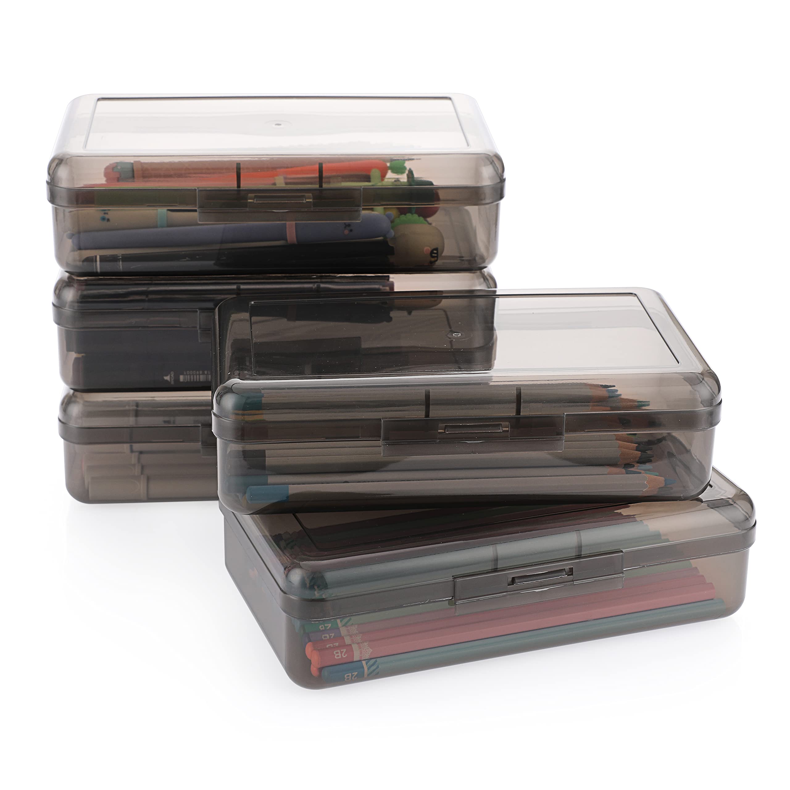 BTSKY 5-Pack Large Stackable Plastic Pencil Box Organizer with Snap Lid - Multipurpose Utility Storage Container for Pencils, Pens, Markers & Art Supplies (Grey) - Perfect for School, Office & Craft Organization
