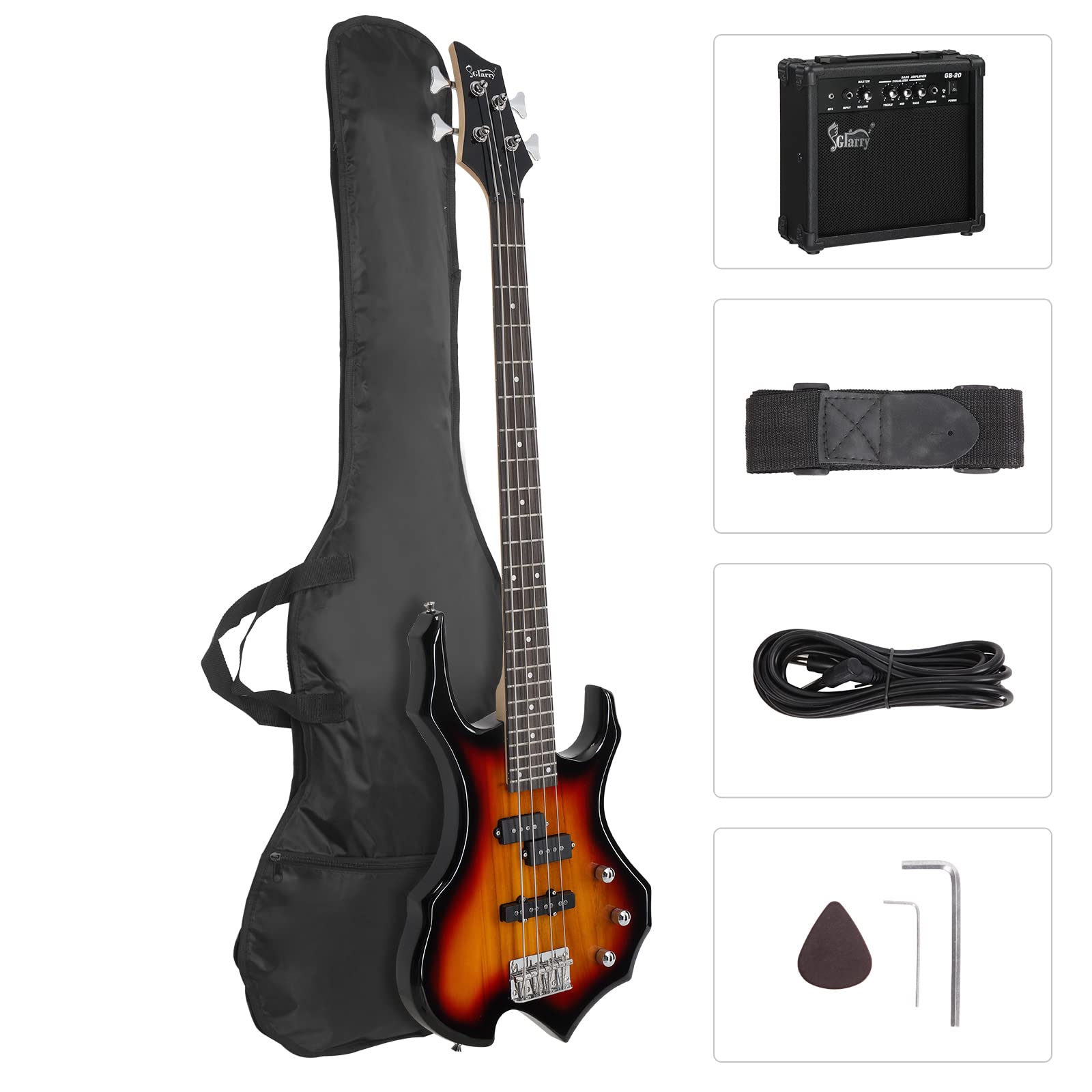 GLARRY 4-String Electric Bass Guitar with Buring Fire Design - Single Coil & Split Coil Pickups for Beginners & Adults (Right Hand) - Includes 20W Amp, Gig Bag, Strap & Cable (Sunburst) - Perfect for Rock, Jazz & Home Practice Sessions