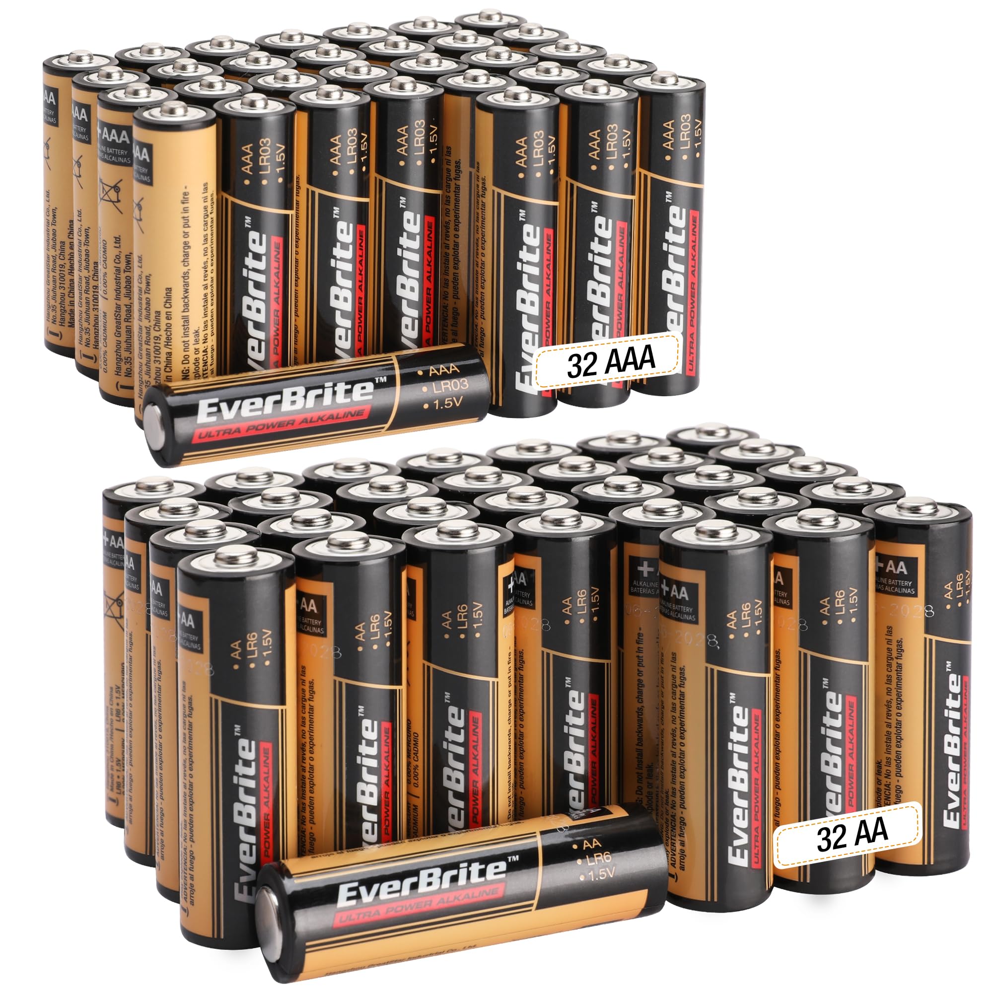 EverBrite 64-Count High Performance Alkaline Batteries - 32 AAA & 32 AA Batteries for Household & Office Use | Long-Lasting Power for Remote Controls, Clocks, Toys, Flashlights & Electronic Devices