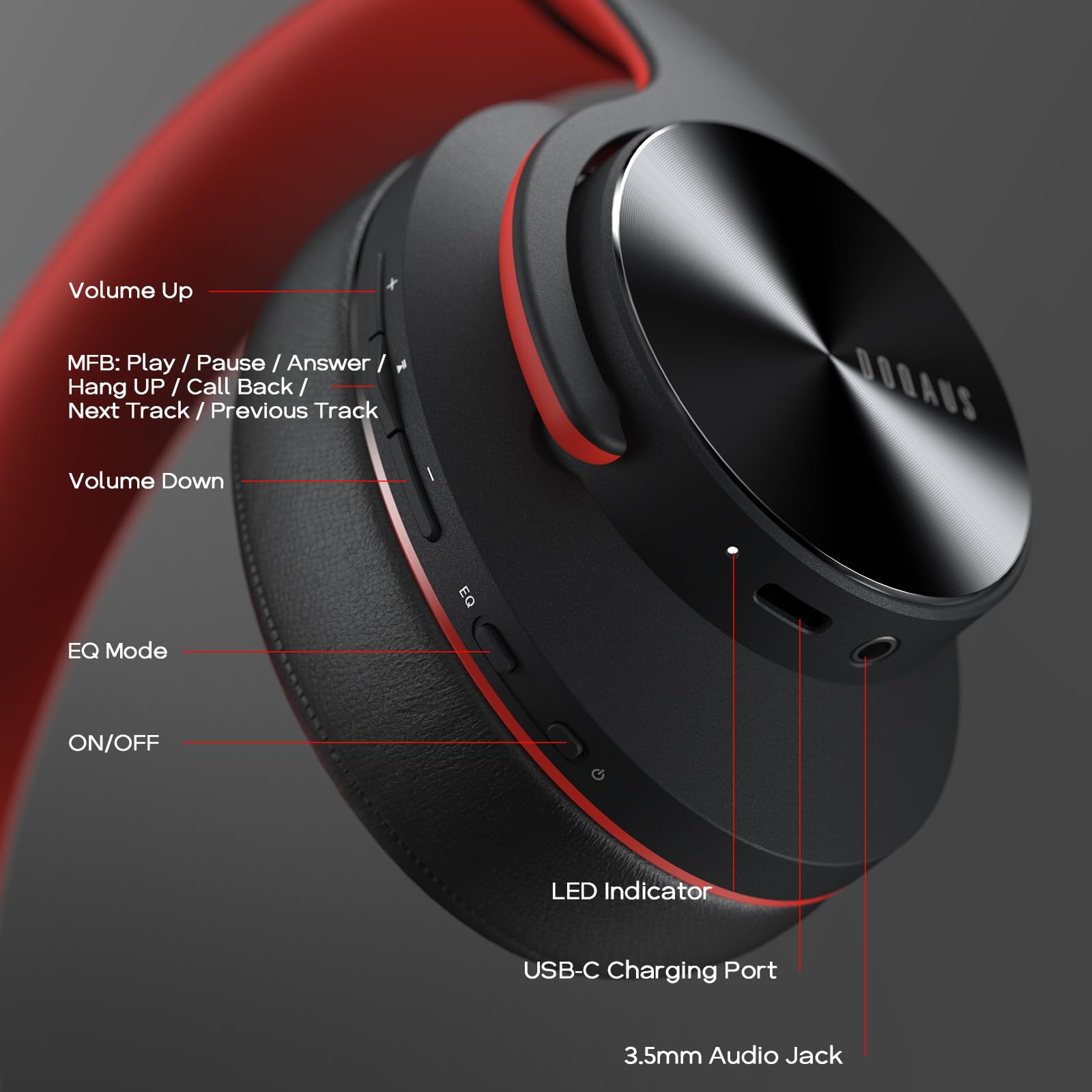 DOQAUS Wireless Bluetooth Headphones with 90 Hours Playtime, Hi-Fi Stereo Sound, 3 EQ Modes, Built-in Mic & Comfortable Earpads for iPhone, Android, PC - Perfect for Travel, Workout & Gaming (Black Red)