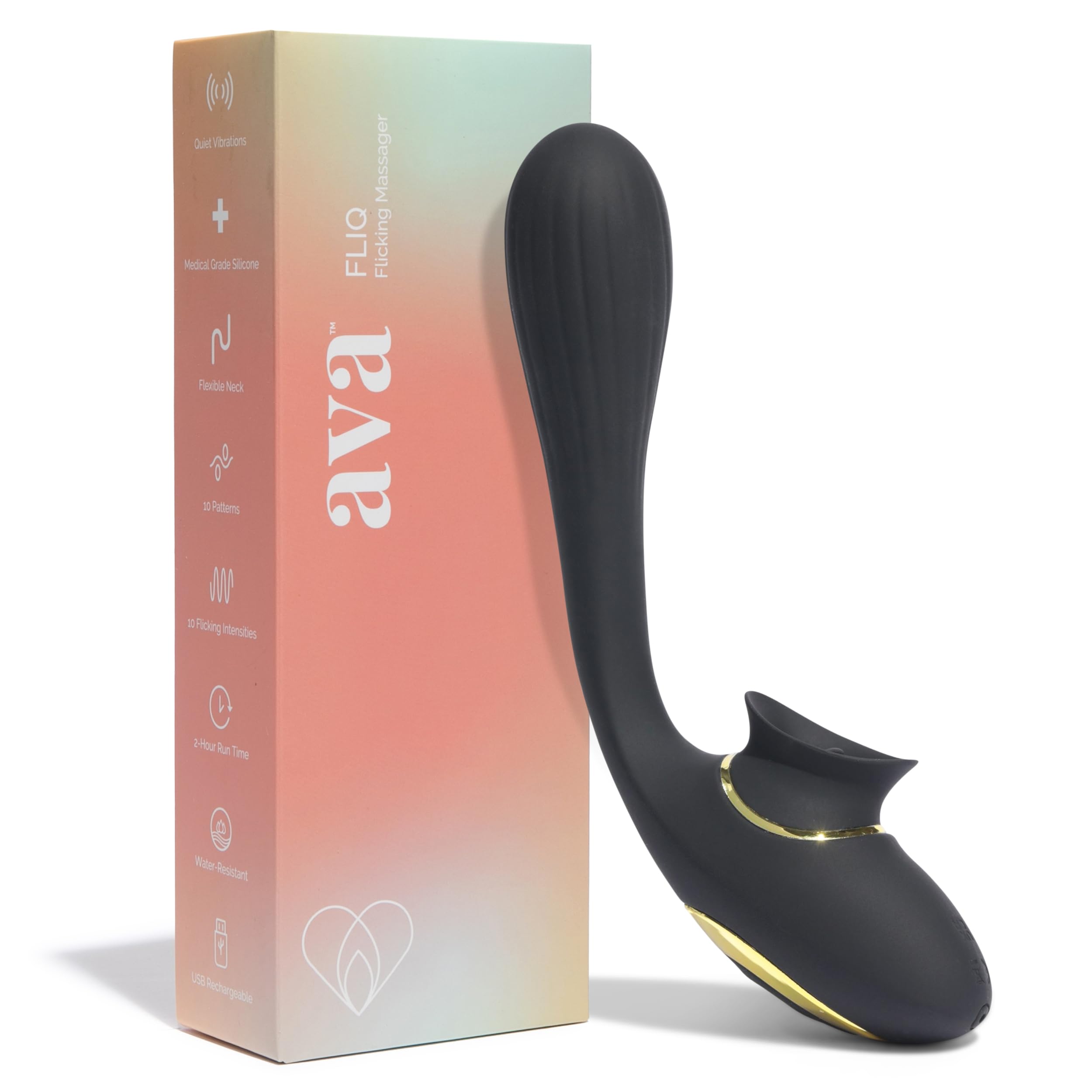 Ava FLIQ Bending Dual-Function Vibrator Wand - 10 Vibration & 10 Flicking Patterns G-Spot Stimulator - Rechargeable Personal Massager for Women - Perfect for Couples Play & Solo Pleasure - Black
