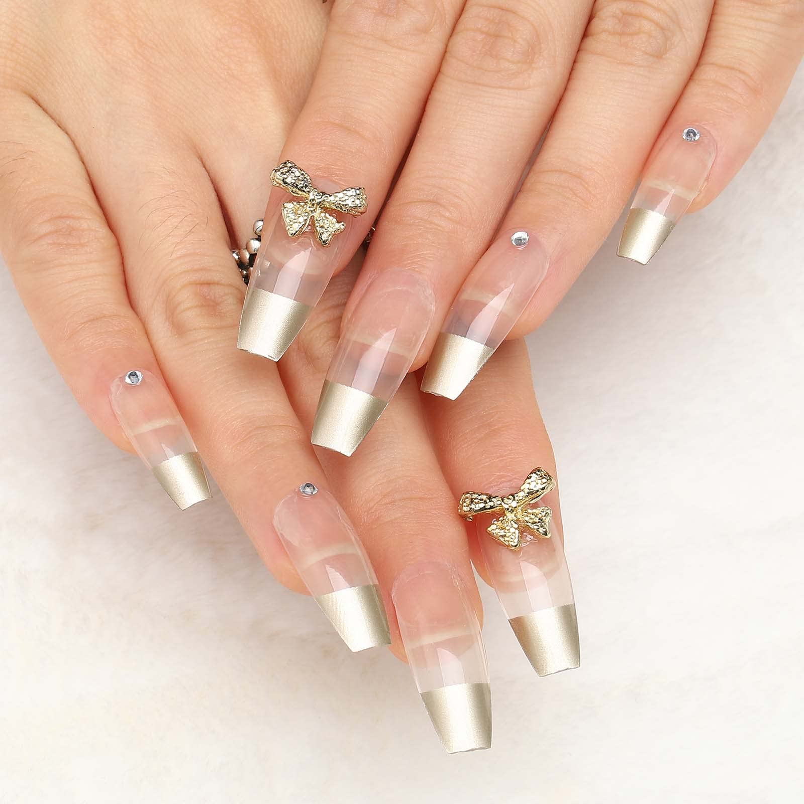 Acenail Press on Nails - Medium Length Glossy Fake Nails with 3D French Tip Designs, 24Pcs Clear Full Cover Artificial Acrylic Nails for Women & Girls (#3 French Bow) - Perfect for Parties, Weddings & Special Occasions