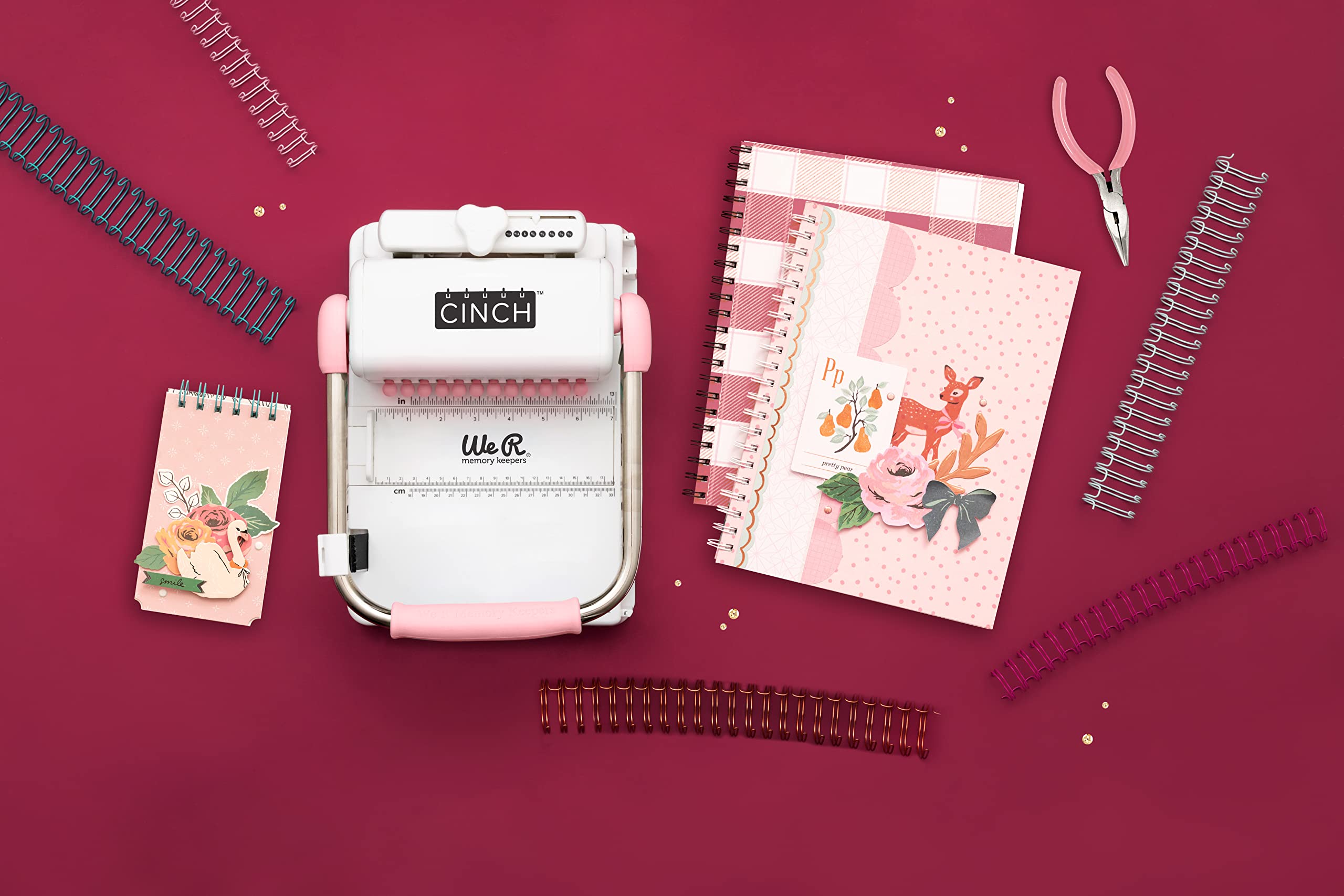 We R Memory Keepers Cinch Book Binding Machine 2 - Pink & White | Easy-to-Use Slide Ruler Design | Works with Wire & Spiral Coils | Create Professional Books, Notebooks, Calendars | Perfect for Office, School, Crafting & DIY Projects