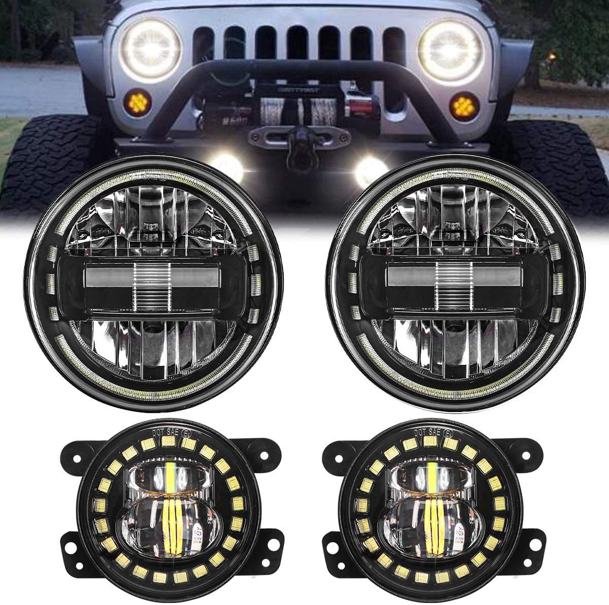 AUDEXEN 7 Inch LED Headlights with DRL High Low Beam + 4 Inch LED Fog Lights with Halo Ring | Fog Light Projector for Jeep Wrangler JK JKU TJ LJ 1997-2018 | Black | Off-Road & Night Driving Upgrade