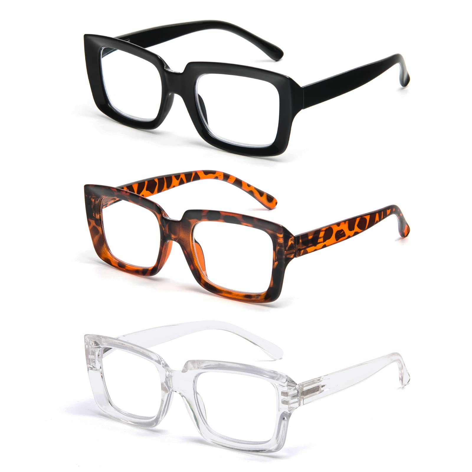 PRTCSLWD 3 Pack Square Blue Light Blocking Reading Glasses for Women - Oversized Computer Glasses with UV Protection for Office Work, Screen Time & Reading