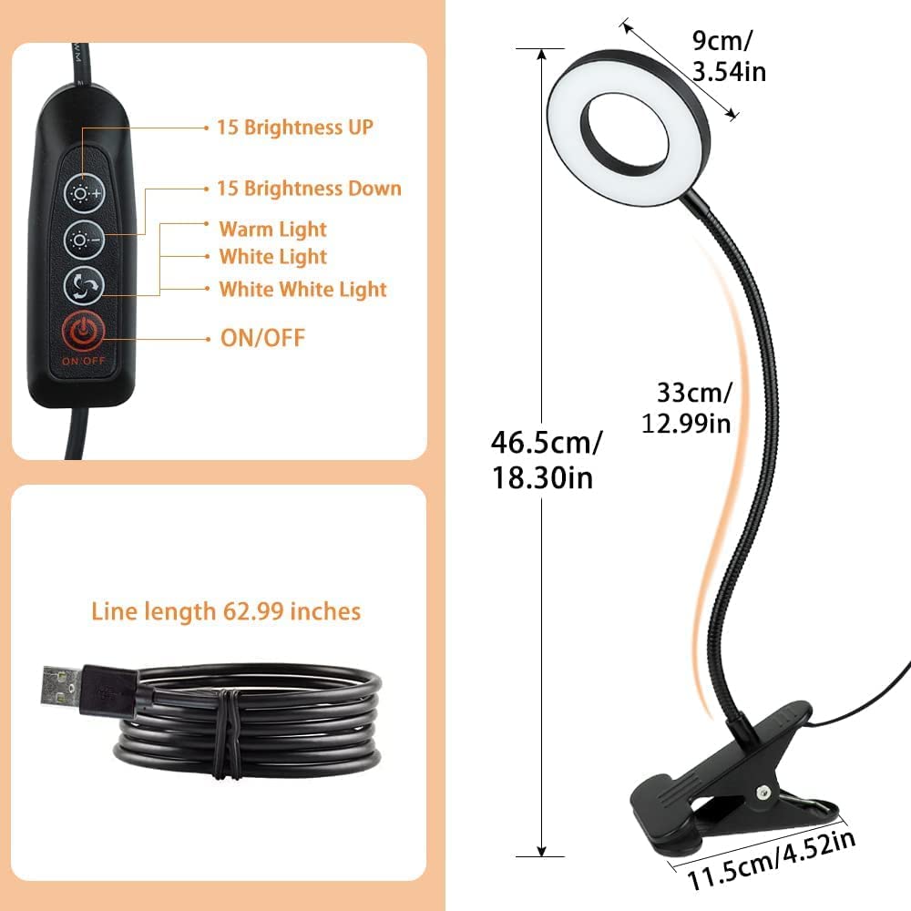 Depuley Dimmable Clip On Reading Light - 48 LED USB Bedside Lamp with 3 Color Modes & 15 Brightness Levels, Flexible Clamp Book Light for Makeup Mirror, Desk, Headboard, Piano, Computer - Perfect for Night Reading, Studying, and Crafting