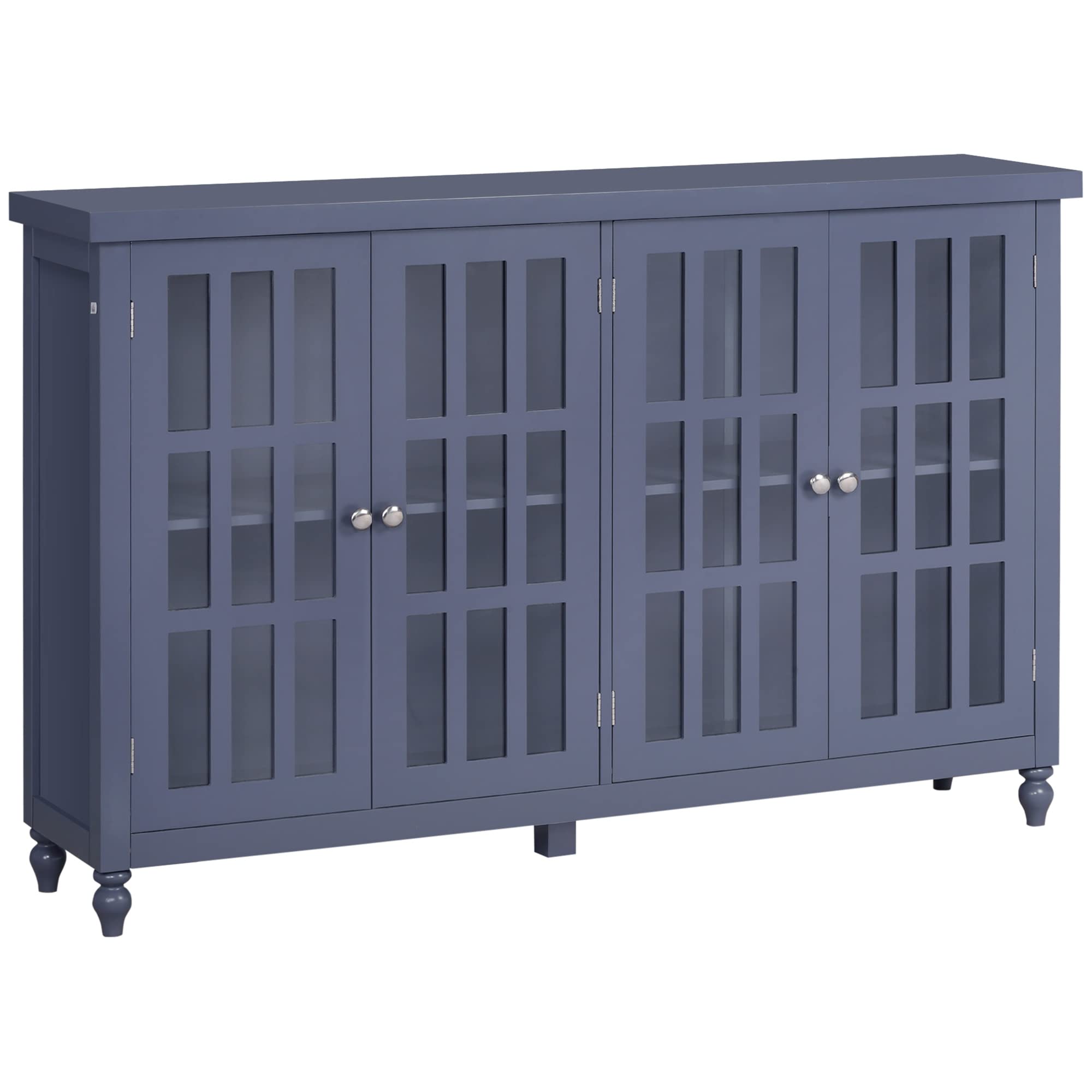 HOMCOM Gray Sideboard Buffet Cabinet with 4 Tempered Glass Doors, Stripe Pattern & Adjustable Shelves - Modern Credenza for Dining Room Storage & Living Room Organization