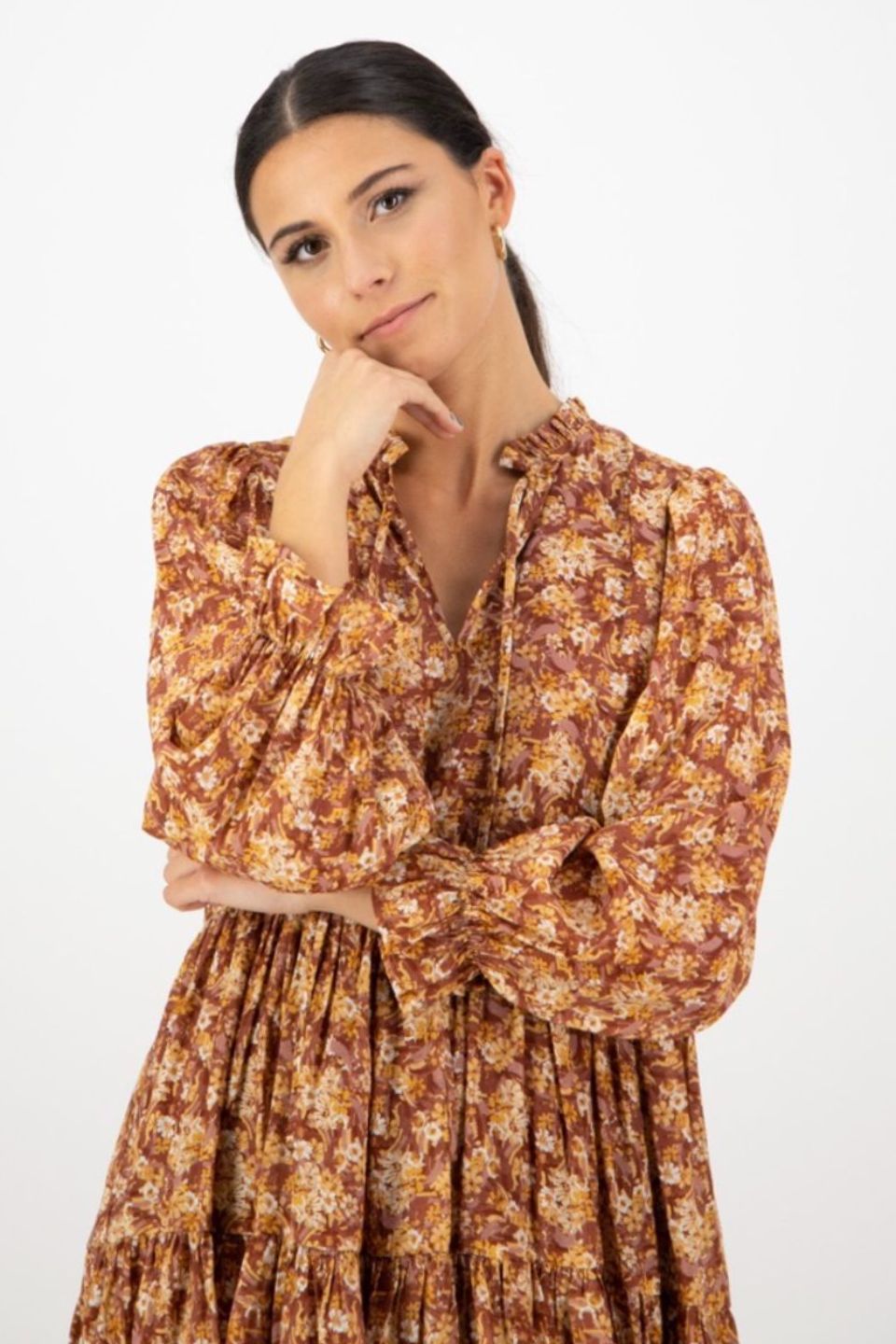 Billie Rust Floral Long Sleeve Frill V-Neck Tiered Mini Dress for Women | Elegant Party & Date Night Outfit