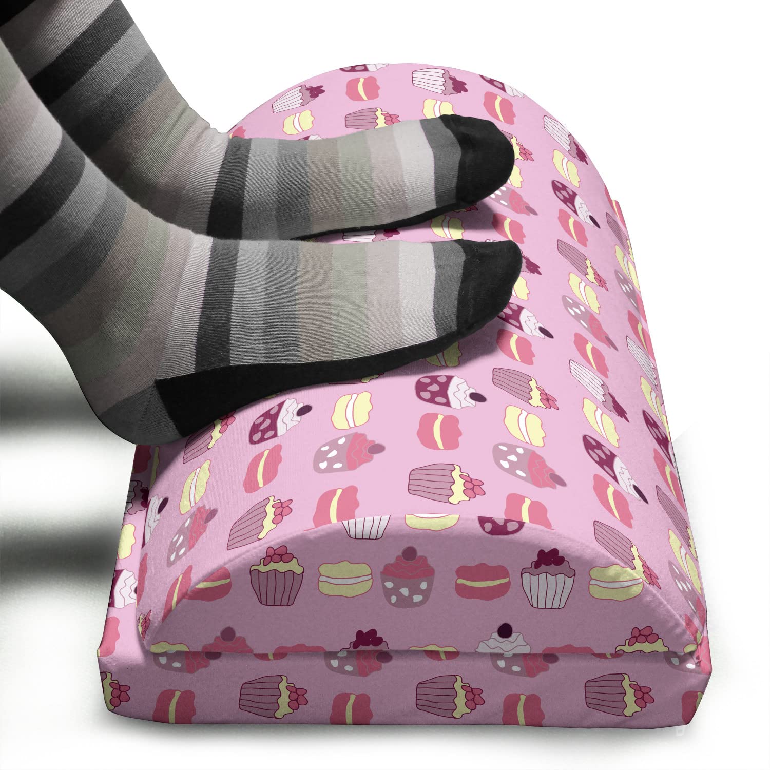 Ambesonne Adjustable Memory Foam Foot Rest - Non-Slip Ergonomic Leg Support for Office & Home, Pink Cupcake Design with Pastry & Macaron Pattern - Perfect for Work Desks, Gaming Chairs, and Relaxation