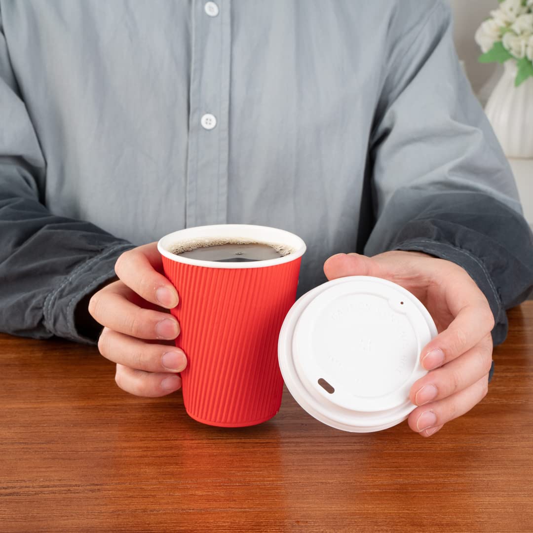 12oz Insulated Coffee Cups with Lids (200 Pack) - Leakproof & Non-Slip Red Disposable Paper Cups for Hot Beverages - Perfect for Coffee, Tea, Hot Cocoa & Lattes in Restaurants, Cafés & Offices