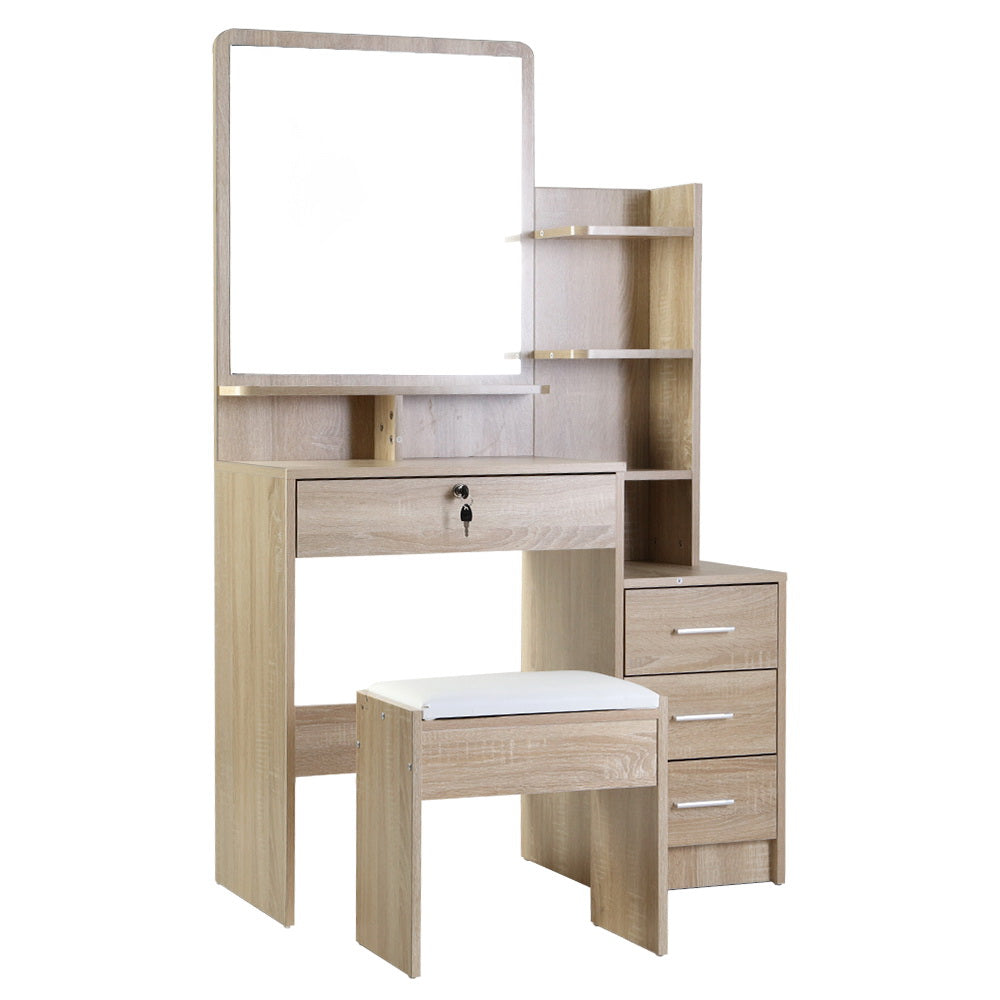 Vanity Makeup Desk Set with Mirror, Stool & Organizer Drawer - Solid Oak Dressing Table for Bedroom & Bathroom
