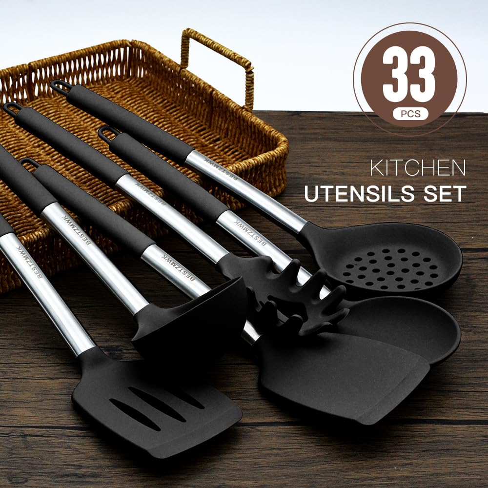 32-Piece Non-Stick Silicone Kitchen Utensil Set with Stainless Steel Handles & Holder - Spatula, Turner, Spoon & More - Perfect for Cooking, Baking & Serving - Black