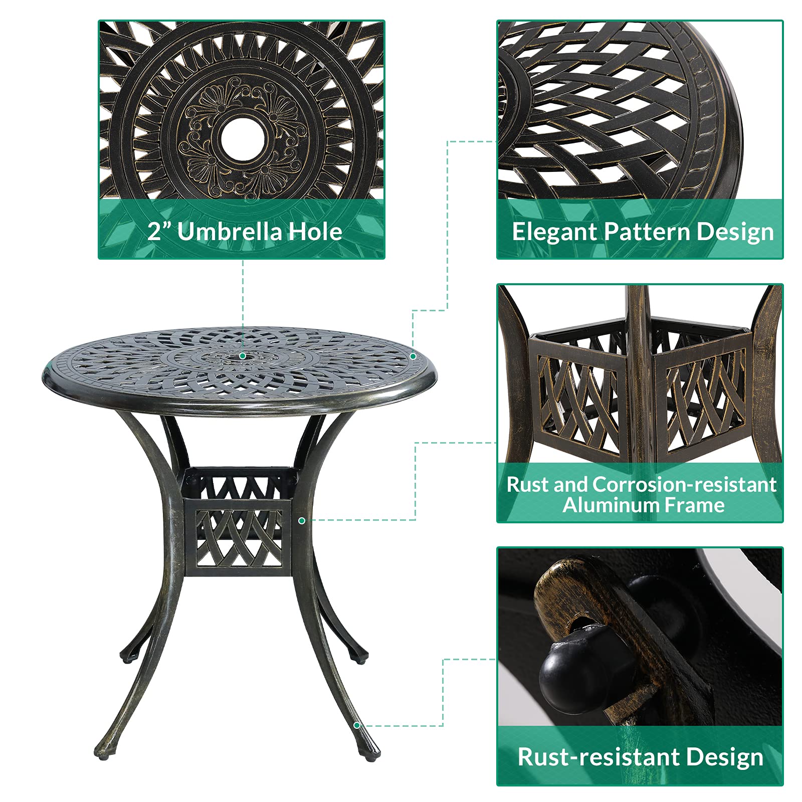 VIVIJASON 3-Piece Outdoor Patio Bistro Set - All-Weather Cast Aluminum Dining Table & 2 Chairs with 31