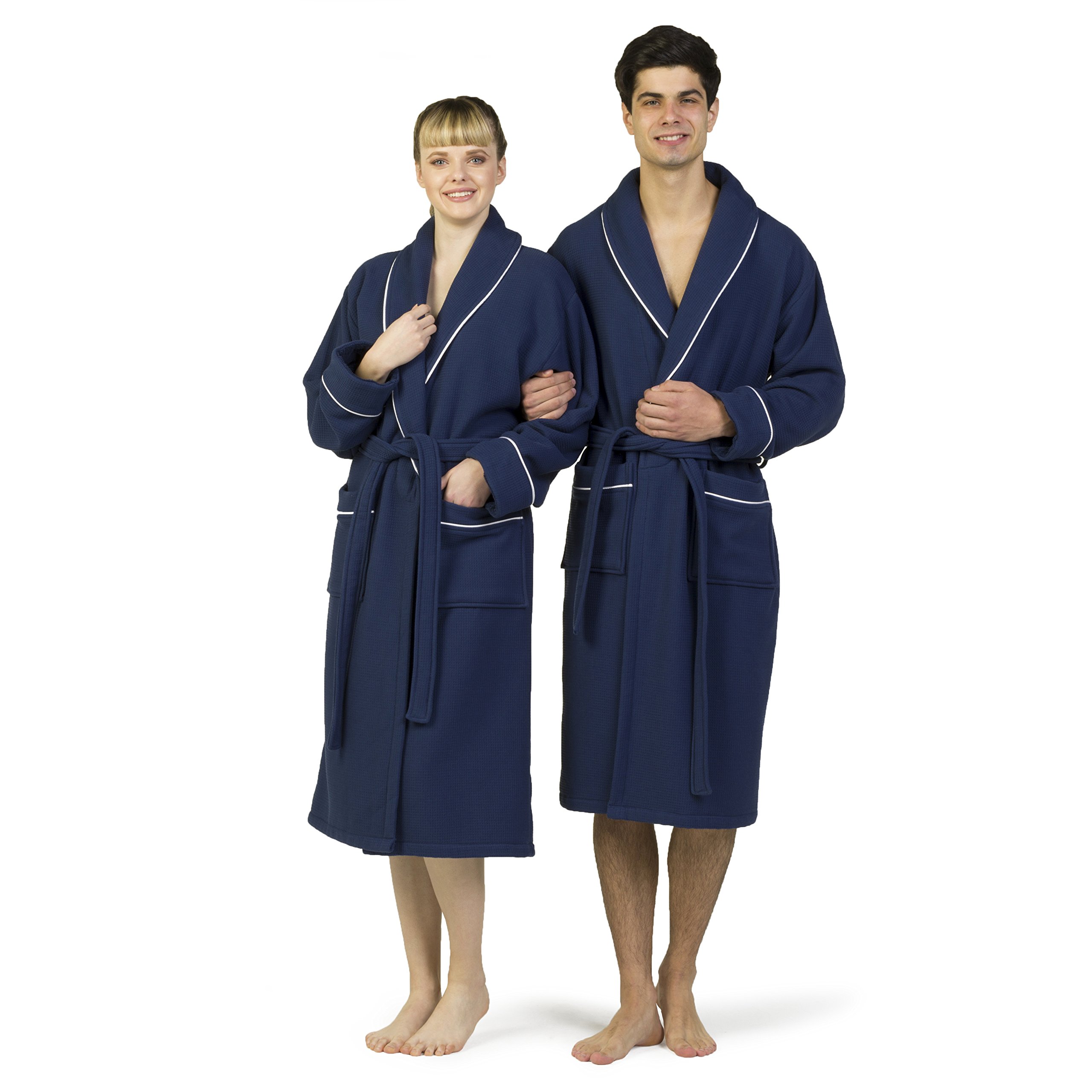 Premium 100% Turkish Cotton Waffle Terry Bathrobe for Women & Men - Soft Absorbent L/XL Navy Blue Spa Robe - Perfect for Bath, Poolside & Luxury Hotel Experience