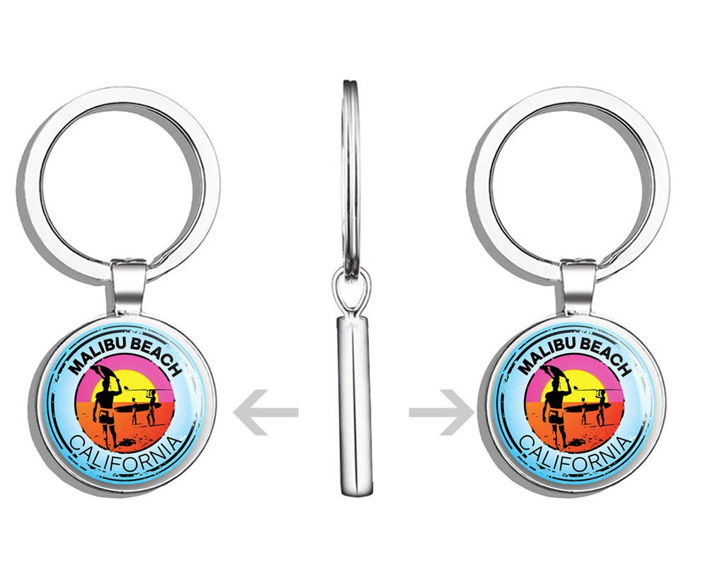Malibu Beach California Themed Double Sided Stainless Steel Keychain - Perfect for Swim, Boat, Kayak, Water Ski & Surf Enthusiasts - Great Travel Accessory & Car Key Finder
