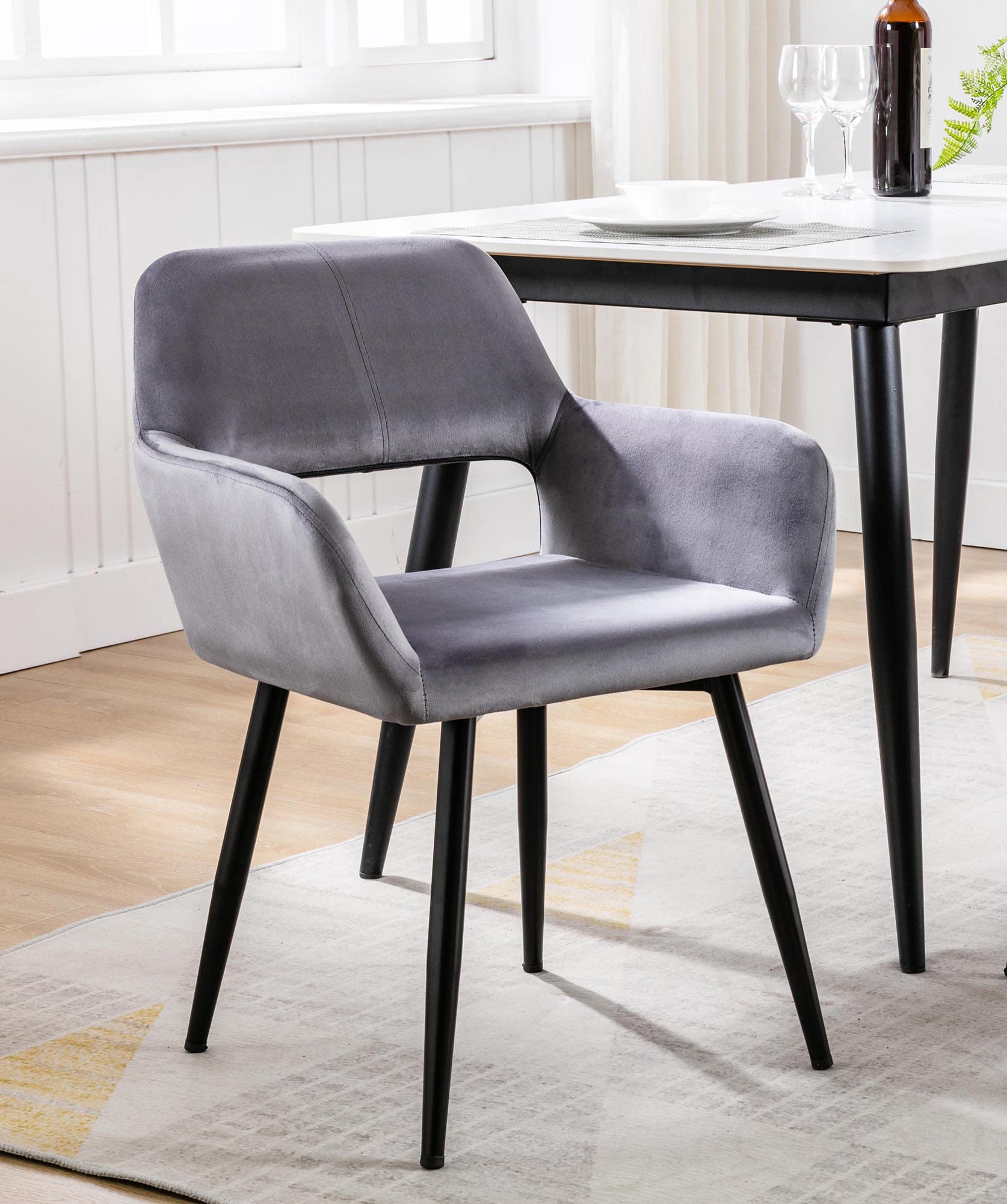 Porthos Home Giana Velvet Upholstered Dining Chair with Low Armrests & Metal Legs - Modern Kitchen & Small Space Dining Furniture for Apartments, Breakfast Nooks, and Cozy Restaurants