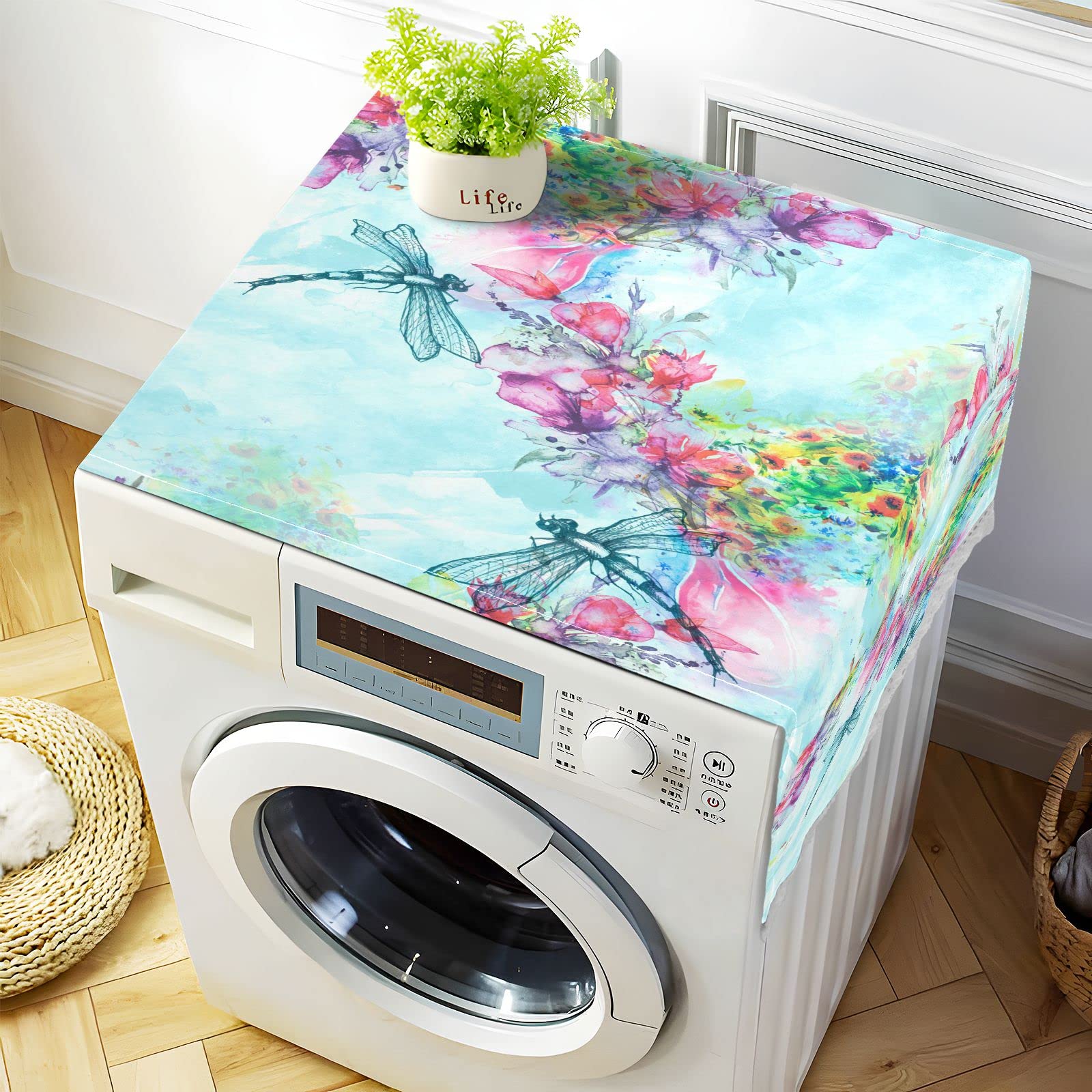 Waterproof Non-Slip Washing Machine Cover for Front Load Washer & Dryer - 51''x22'' Floral Dragonfly Design Dust Proof Top Mat with 4 Storage Bags | Perfect for Laundry Room, Basement & Home Decor