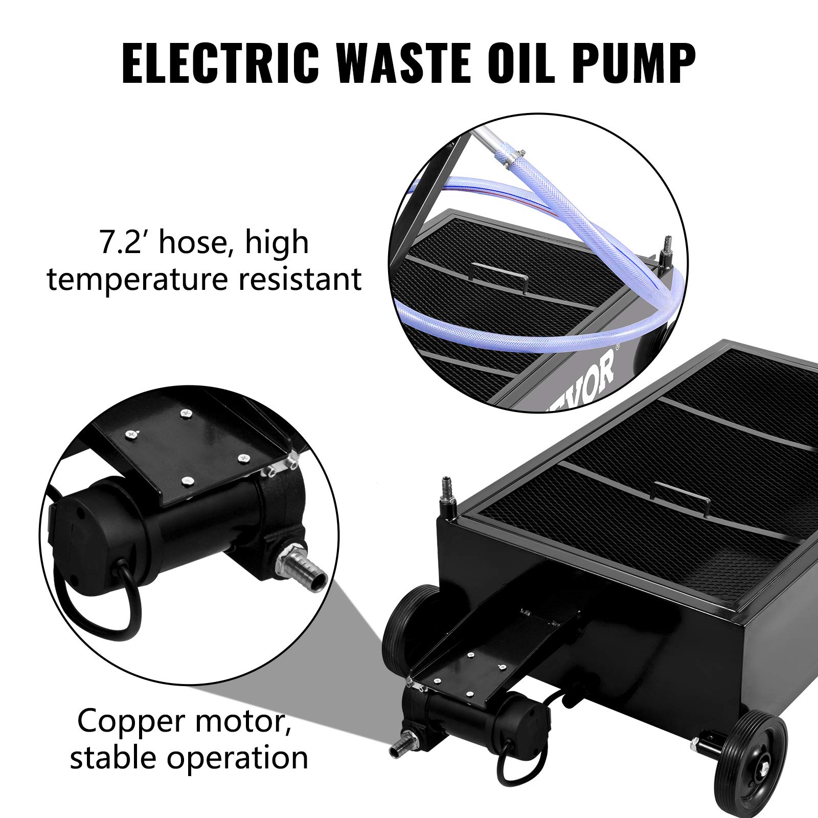 VEVOR 25 Gallon Low Profile Oil Drain Pan with Electric Pump - Large Capacity Oil Change Pan with 7.2ft Hose & Folding Handle - Rolling Oil Drain Cart for Trucks, Buses, RVs - Perfect for Garage, Auto Shop & Fleet Maintenance