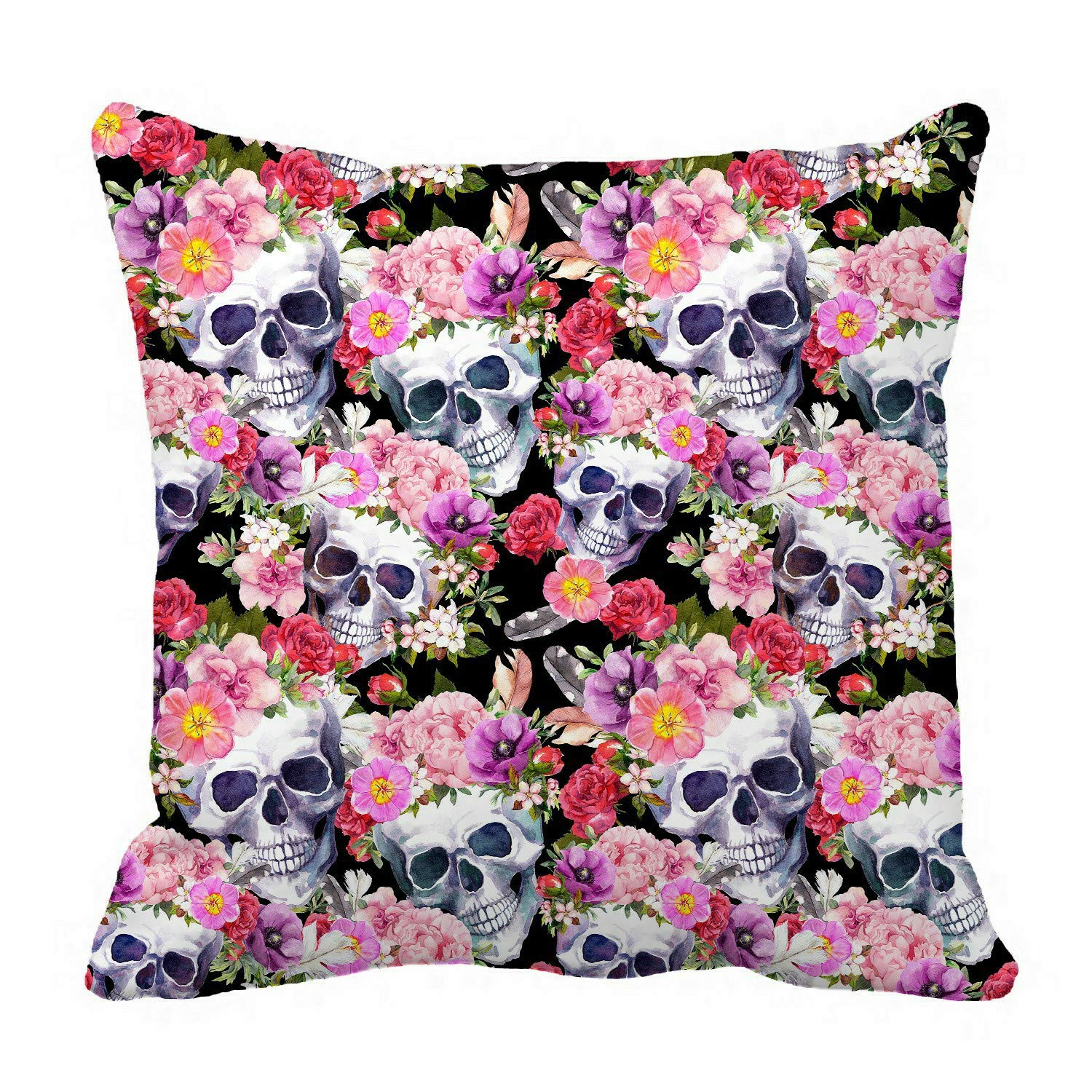 ECZJNT Watercolor Human Skull & Flowers Pillow Case Set - 18x18 Inch Decorative Throw Pillow Covers for Gothic Home Decor, Halloween Party, or Bohemian Bedroom Style