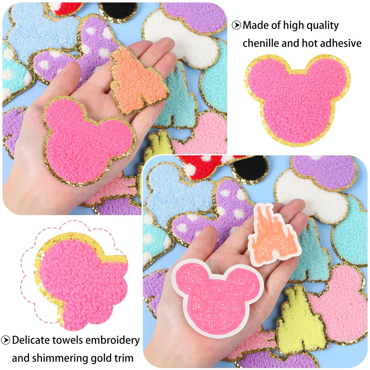 16 PCS Chenille Mouse Head Iron-On Patches - Colorful Embroidered Appliques for DIY Clothing, Hats, Jackets & Backpacks | Perfect for Kids' Crafts, Costume Design & Fashion Upcycling