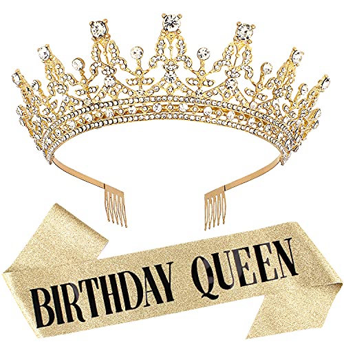 Aprince Gold Birthday Crown & Queen Sash Set for Women - Elegant Birthday Tiara Headband & Hair Accessories - Perfect for Birthday Party Decorations, Bachelorette Parties & Special Celebrations