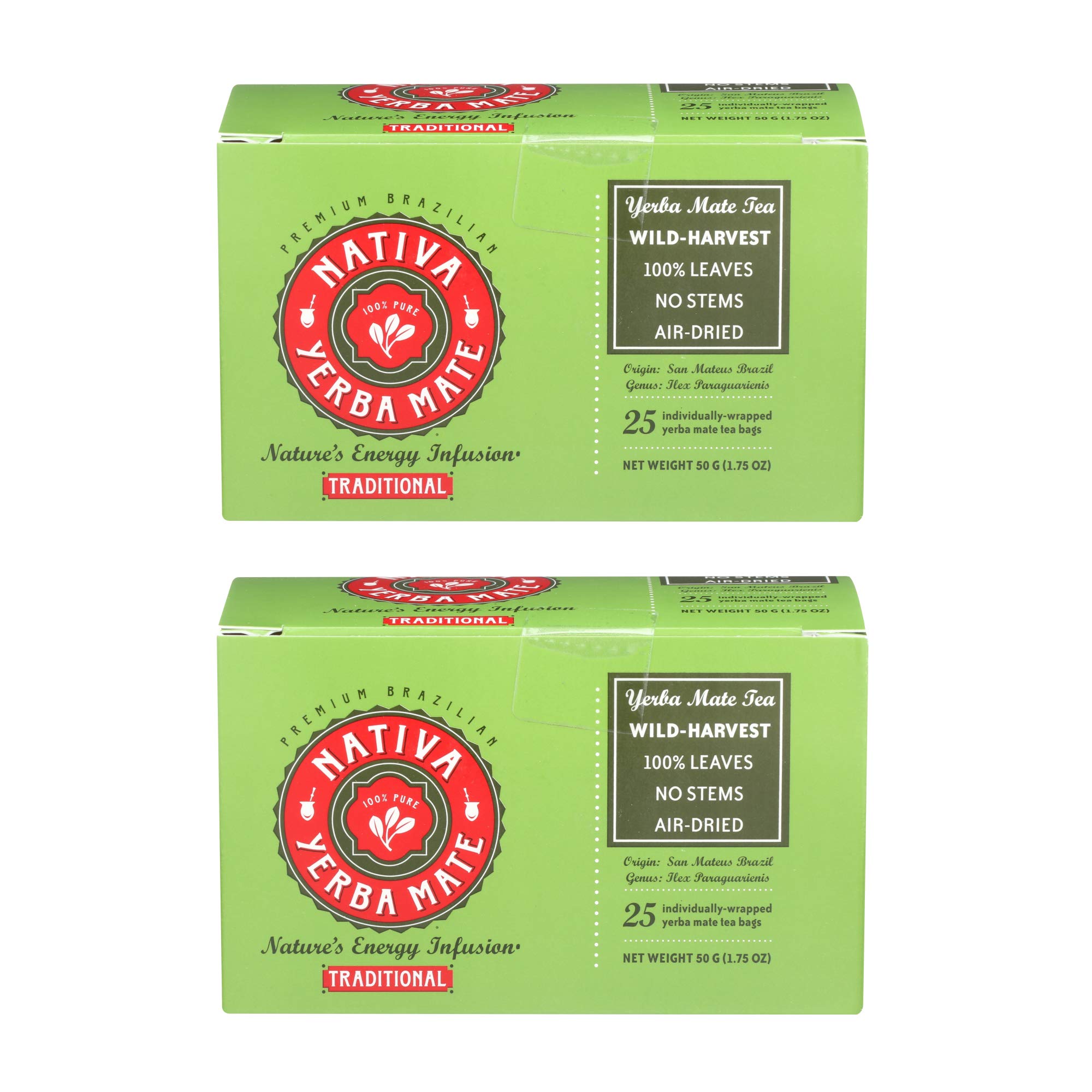 Organic Yerba Mate Tea Bags - 100% Natural Argentine Herbal Tea - 25 Individually Wrapped Bags (2 Pack) - Perfect for Energy Boost & Focus at Work or Gym