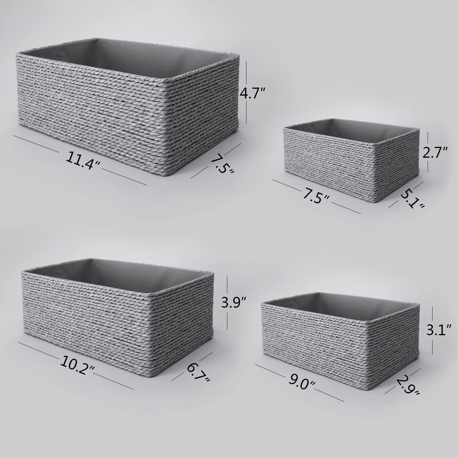 PROLAND 4-Pack Recycled Wicker Storage Baskets - Grey Woven Paper Rope Organizing Bins for Shelves, Cupboards & Drawers | Perfect for Home, Office & Nursery Organization