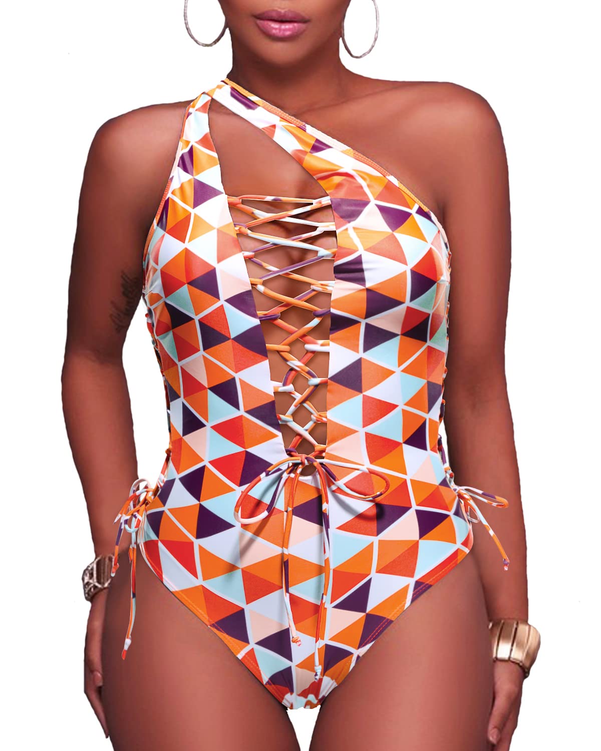 Holipick Women's Sexy One Piece Swimsuit - One Shoulder Monokini with Lace Up Design for Beach, Pool & Vacation | Plus Size Swimwear for Women