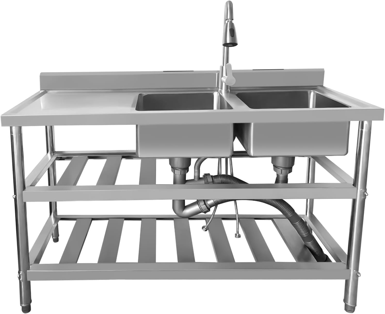 Premium 304 Stainless Steel 2-Compartment Utility Sink with Pull-Out Faucet - Heavy Duty Commercial Kitchen Sink for Restaurants, Outdoor Use & Workbench Installation (47 Inch) - Perfect for Food Prep, Dishwashing & Industrial Cleaning