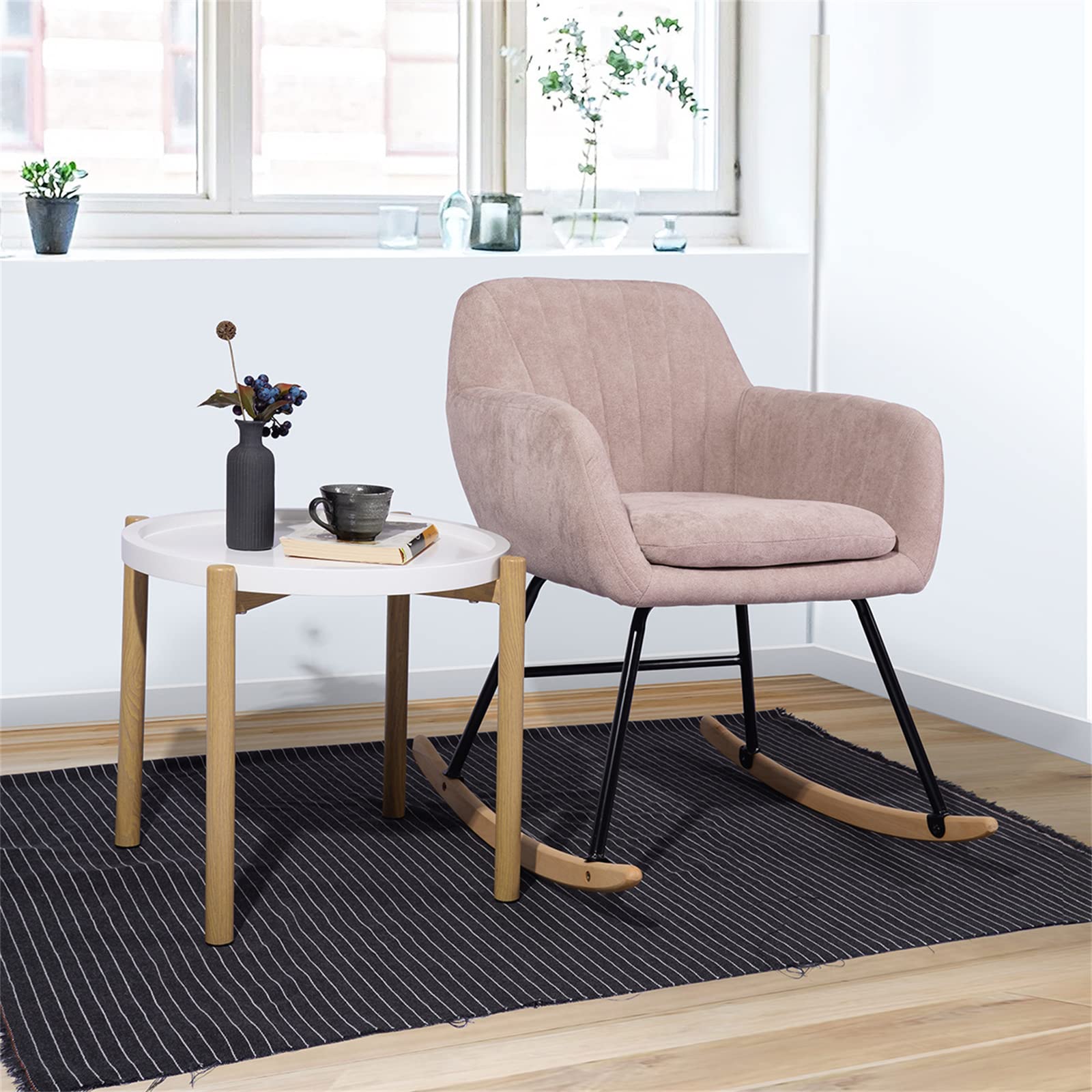 Modern Rocking Chair Armchair - Small Comfortable Fabric Nursery Rocker with Wood Base, Upholstered Accent Chair for Relaxing & Napping - Pink Lounge Chair for Home, Living Room, Nursery or Small Spaces