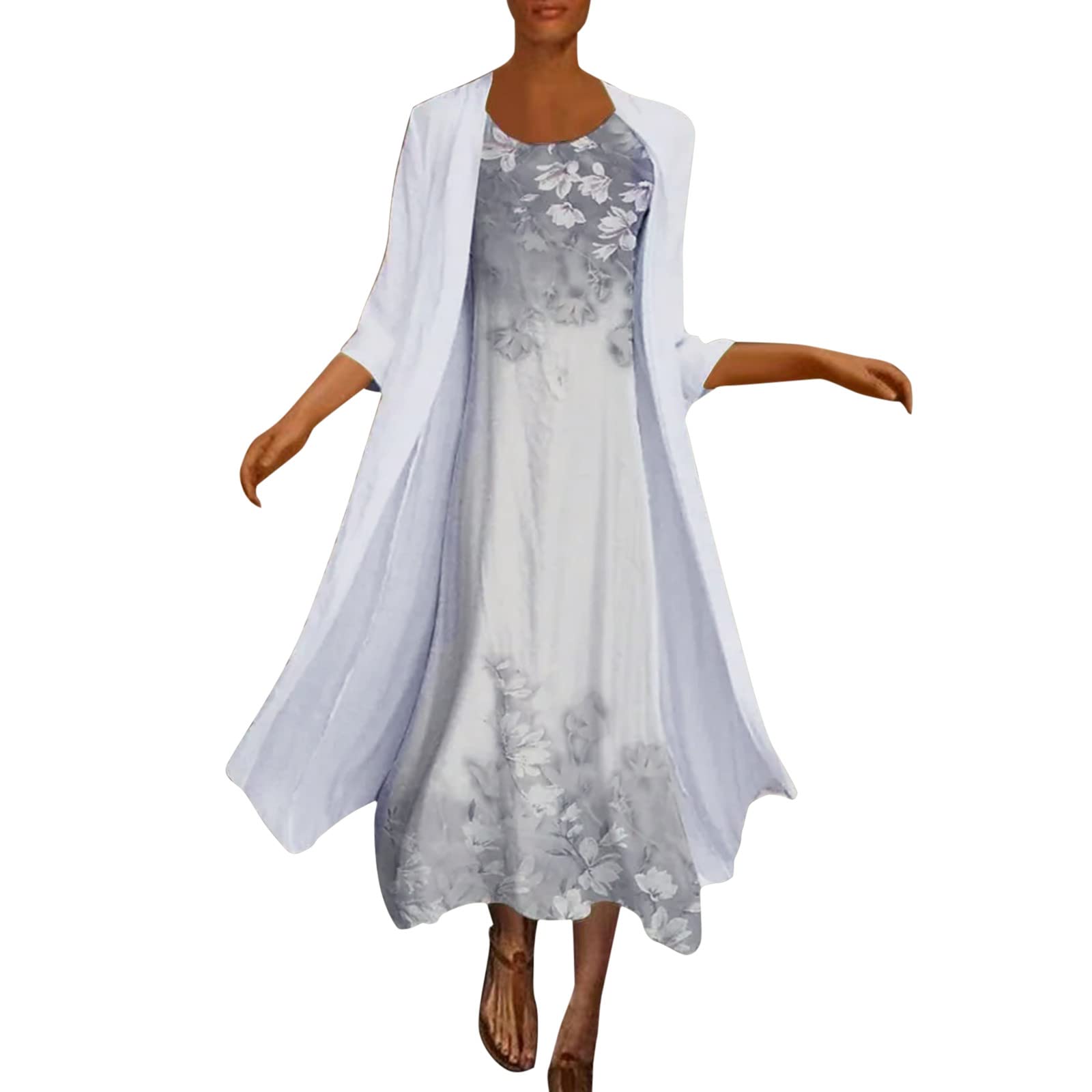 Women's Casual Sleeveless Cardigan Dress with Belt & Tulle Sleeves - Floral Print Round Neck Short Dress for Spring/Summer Outfits, Date Nights & Office Wear