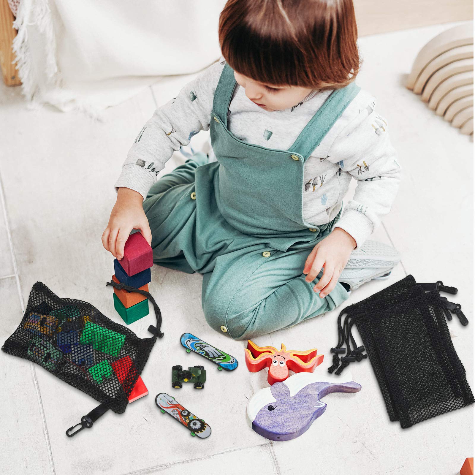 8-Piece Black Mesh Drawstring Bags with Clips - Small Nylon Storage Pouch for Jewelry, Beach Toys, Kitchen Utensils & Travel Essentials (10.8