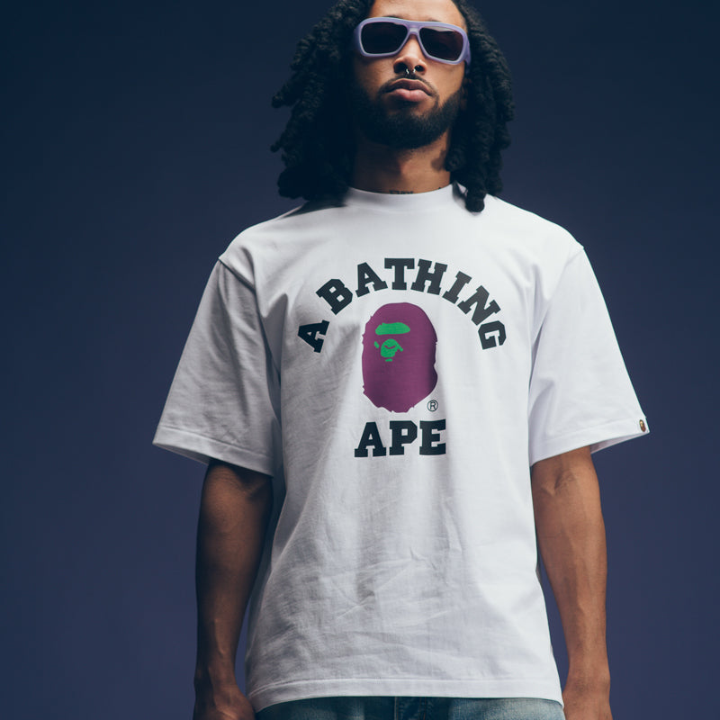 BAPE College Logo T-Shirt for Men - White Cotton Streetwear Tee - Perfect for Casual Wear & Urban Fashion