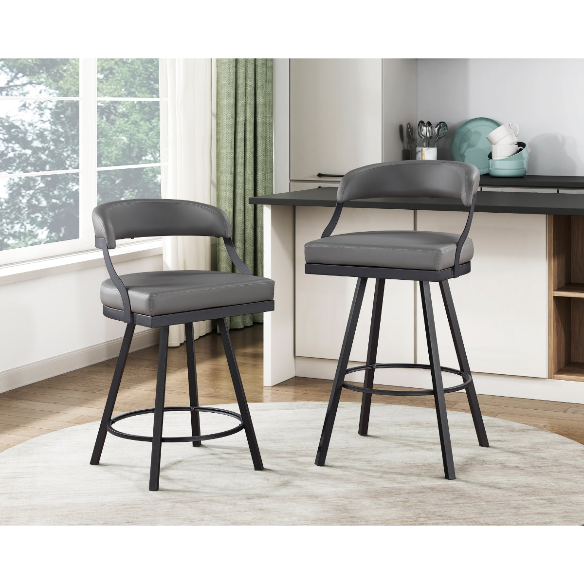 Modern Industrial Grey Swivel Counter Height Bar Stools - Set of 2 for Kitchen Island, Breakfast Nook & Home Bar