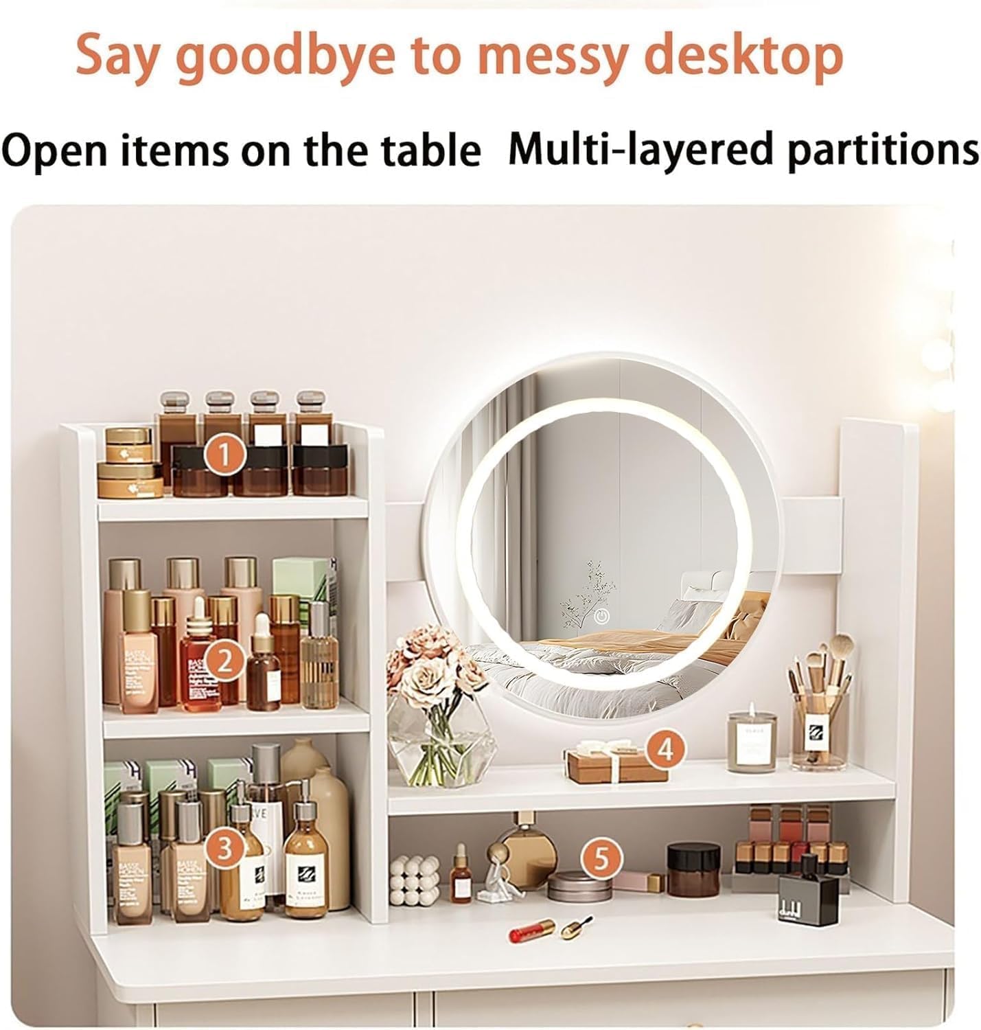 Vanity Desk with Mirror & LED Lights - 3 Lighting Modes, White Makeup Dressing Table with Drawers, Multifunctional Writing Desk for Bedroom | Perfect for Makeup Application, Skincare Routine & Home Office Workspace