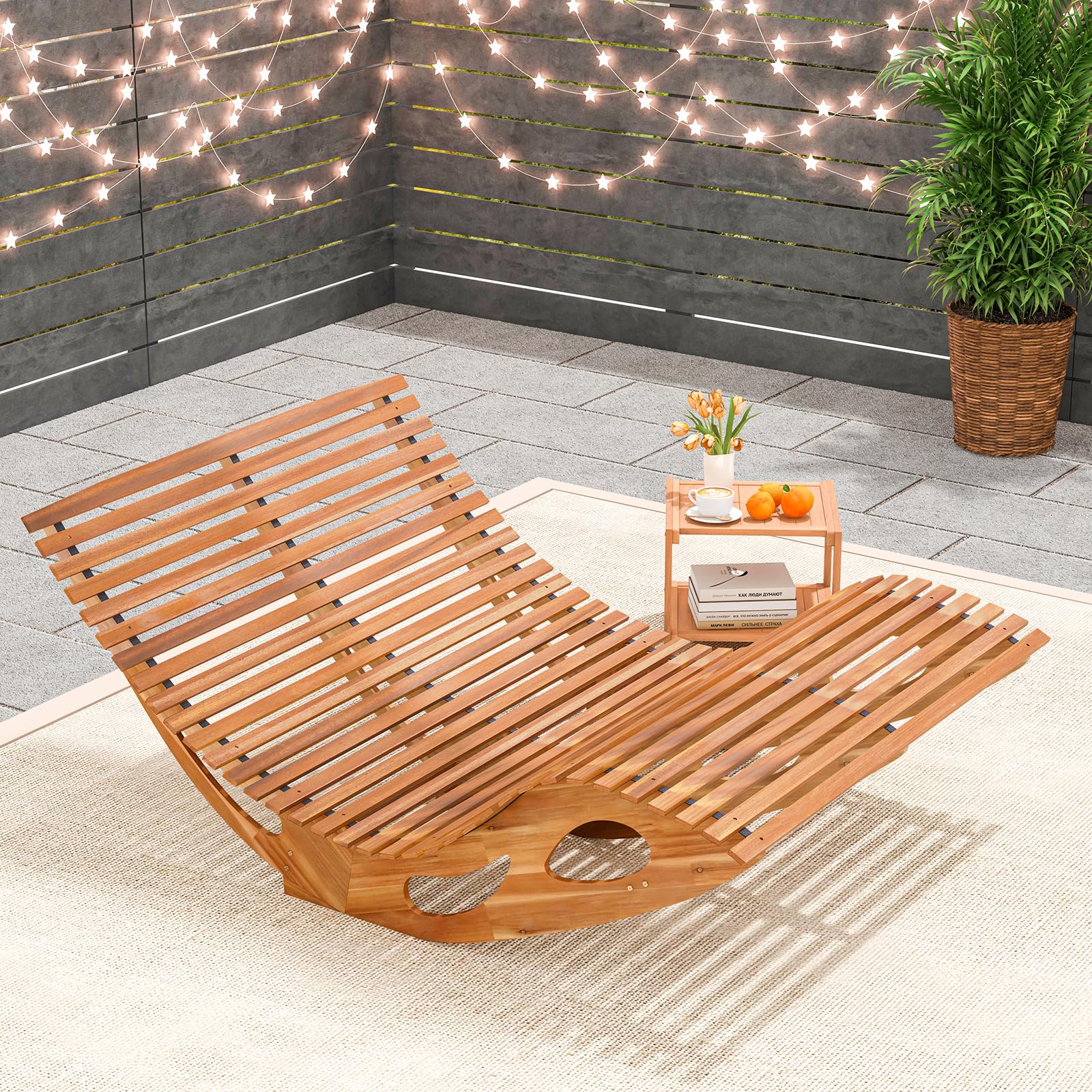 Premium Acacia Wood Double Chaise Lounge - Outdoor Rocking Loveseat with High Back & Slatted Seat, 440 lbs Capacity - Perfect for Patio, Poolside, Garden & Backyard Relaxation