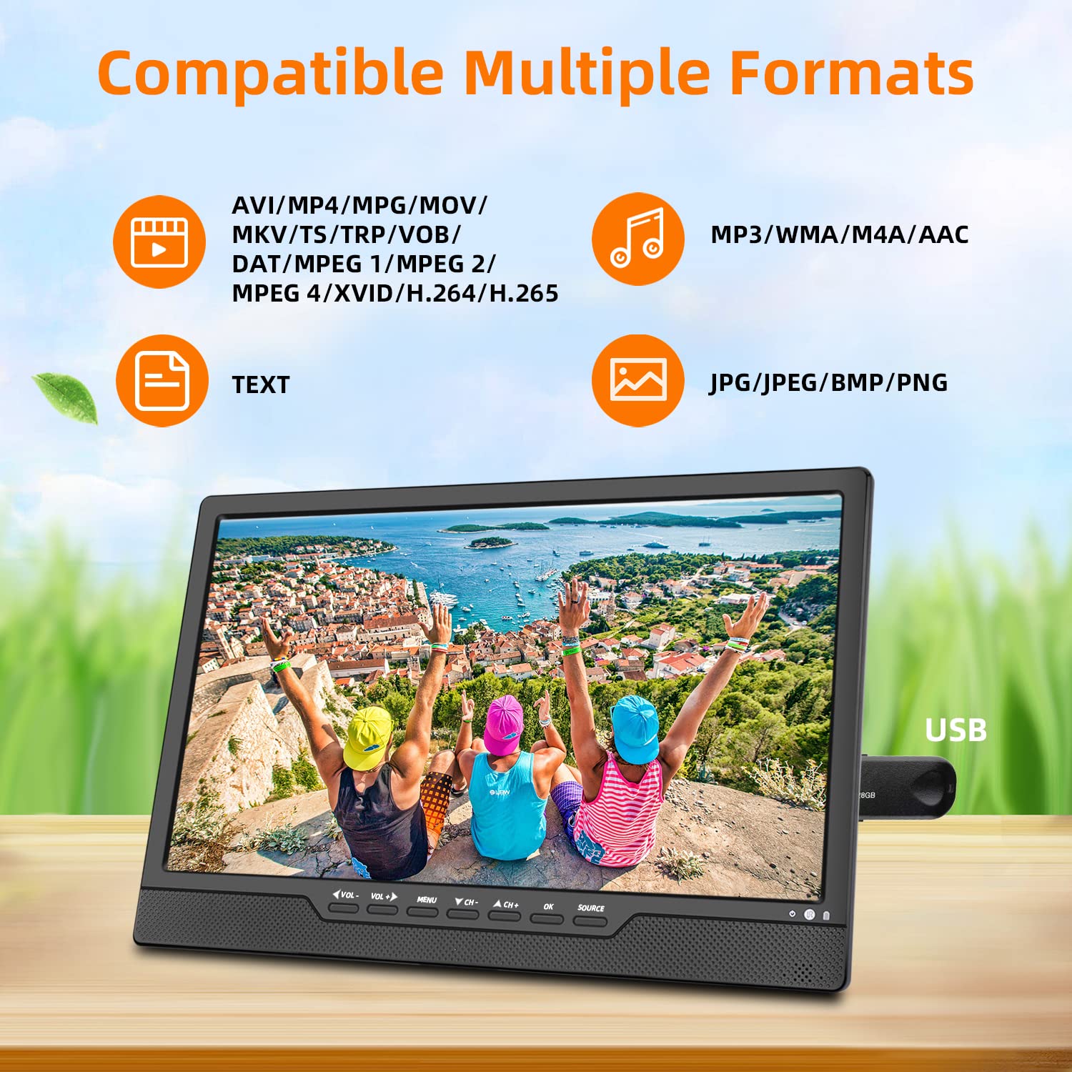 14 Inch Portable TV with Rechargeable Battery - Digital ATSC Tuner, Built-in Antenna, USB/HDMI/AV Inputs - 12V/AC Power for Car, RV, Camping & Kitchen Use - Compact Travel Entertainment (No WiFi/Bluetooth/Satellite) - Perfect for Road Trips, Tailgating & Outdoor Adventures