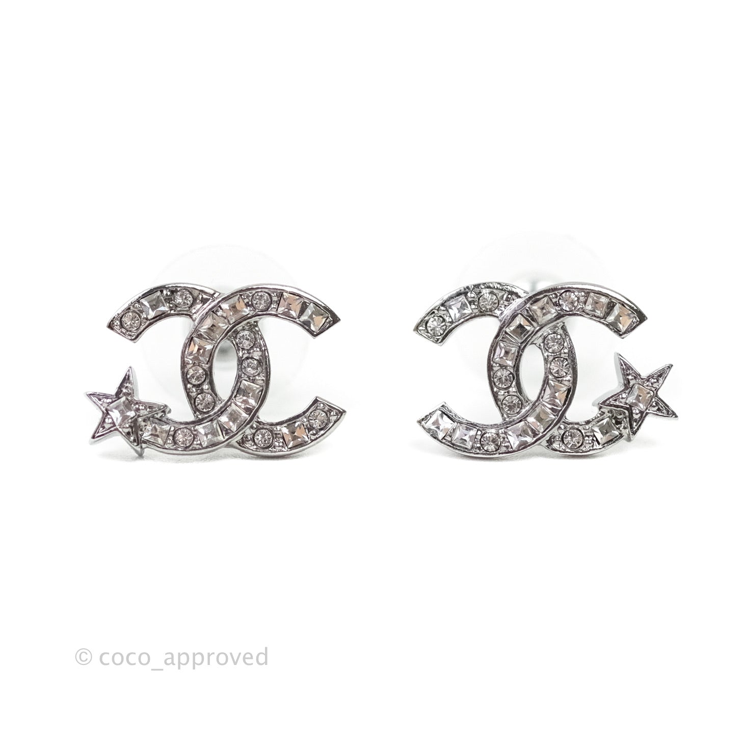 Chanel CC Crystal Earrings for Women - Silver Tone Fashion Jewelry | 21S Collection | Perfect for Parties, Weddings & Special Occasions