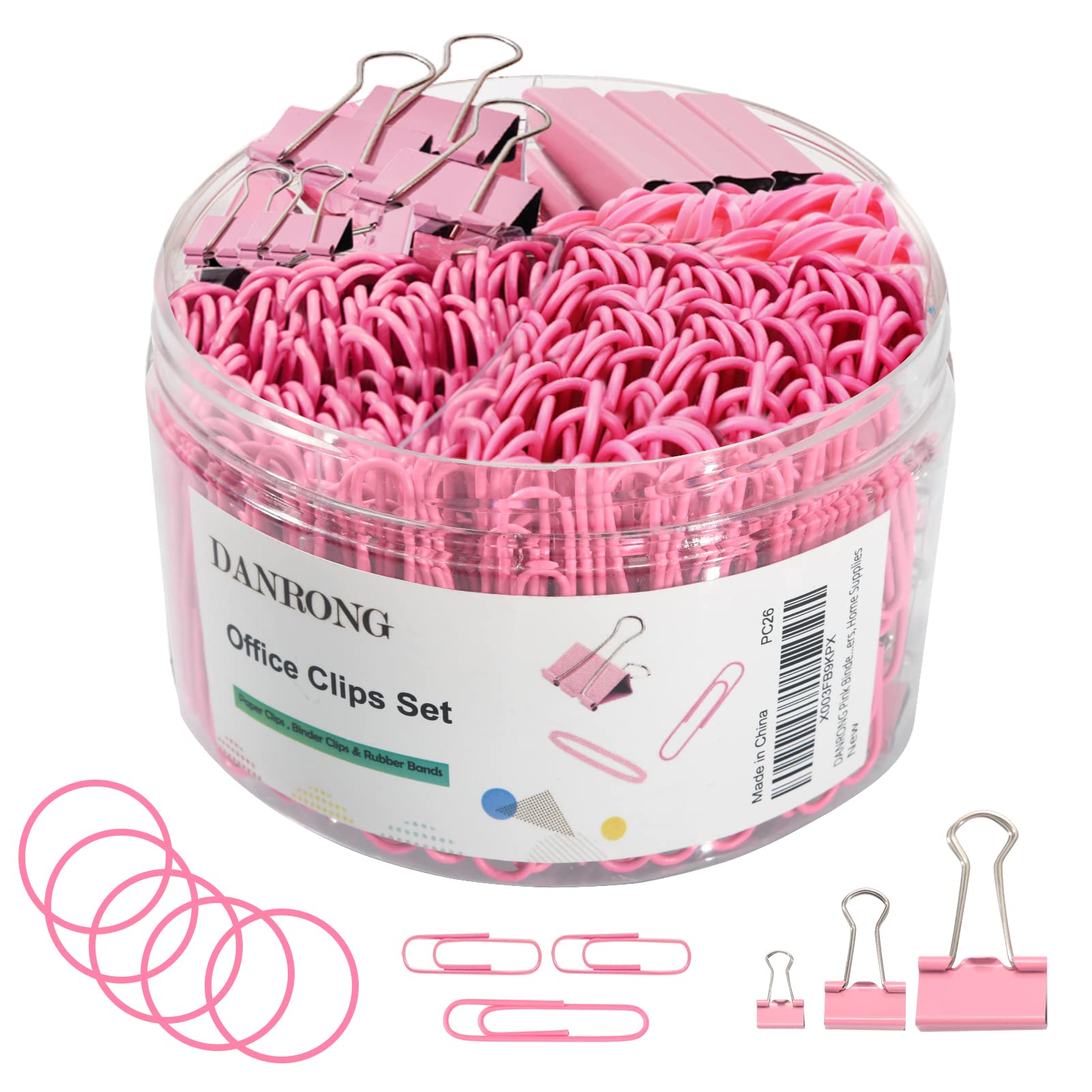 380 PCS Pink Binder Clips & Paper Clips Set - Assorted Sizes Office Supplies with Rubber Bands for Organizing Files, Documents, School Projects & Home Office Use
