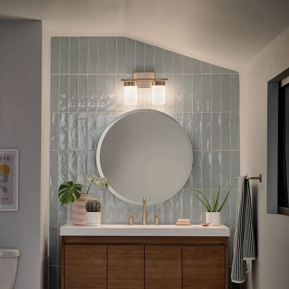 Kichler Ciona 14.5 Inch 2-Light Bathroom Vanity Light Fixture with Round Ribbed Glass Shades in Brushed Natural Brass Finish - Perfect for Modern Bathroom, Powder Room, and Dressing Room Lighting
