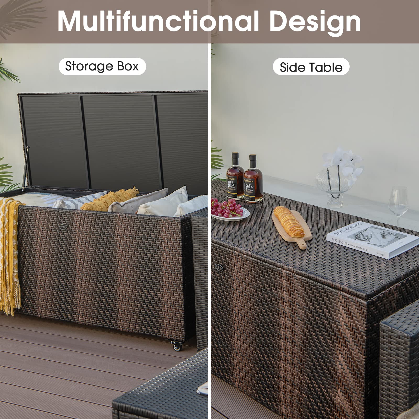 **96 Gallon Outdoor Rattan Deck Box with Wheels - PE Wicker Patio Storage Box with Liner, 2-in-1 Multifunctional Storage for Patio Furniture Cushions, Garden Tools & Pool Accessories - Perfect for Backyard, Deck, and Poolside Organization**