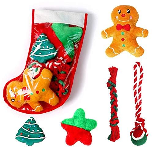 Christmas Dog Stocking Gift Set - 5 Pack Festive Puppy Stockings with Squeaky Toys & Cotton Rope Toys - Perfect for Holiday Pet Gifts & Christmas Puppy Surprises