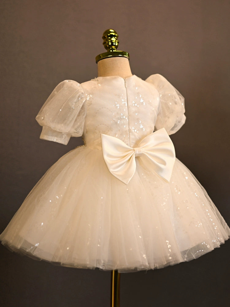 White Princess Round Tea Length Tulle Flower Girl Dress - Perfect for Weddings, Birthday Parties & Special Occasions