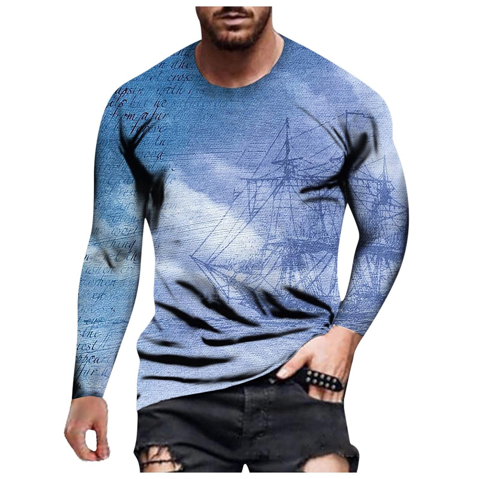 Men's Long Sleeve Graphic T-Shirts - Thick Polyester Crewneck Casual Shirts for Autumn | Printed Tees for Everyday Wear, Street Style & Outdoor Activities